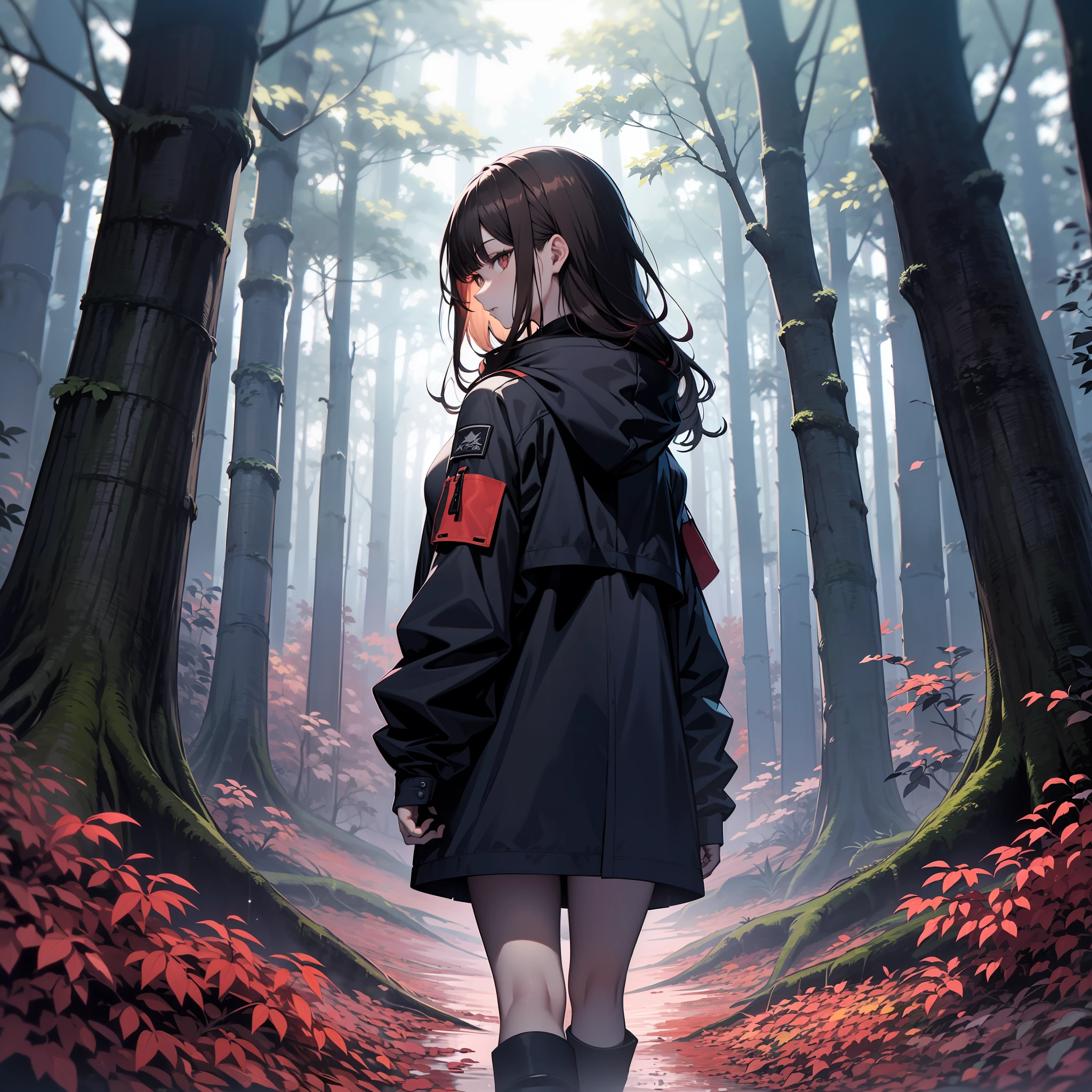 A young woman is walking in a dark forest with her back to the camera when she notices something, surrounded by tall trees with red leaves. They wear a black jacket and have dark hair that reaches their shoulders. The forest is dimly lit, creating a contrast between the red and black colors. The image evokes a sense of mystery and danger.