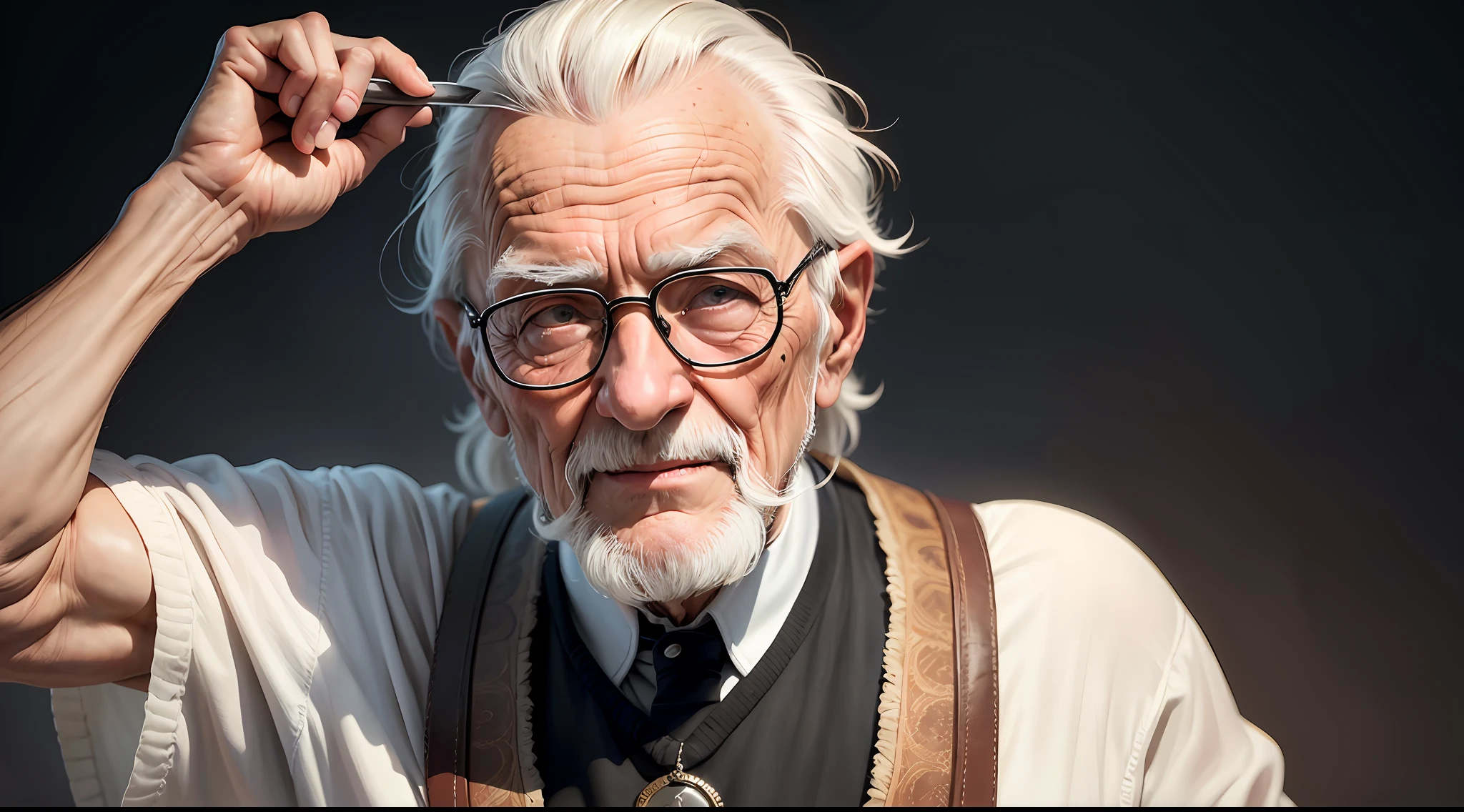 Describe the character as an old man, com rugas profundas e um leve sorriso no rosto. Ele deve ter cabelos brancos, preferencialmente longos, e uma barba branca, densa e bem cuidada. Man must convey a sense of knowledge and wisdom through his posture and facial expression. Ele pode estar olhando para a frente com um olhar sereno e penetrante, conveying calm and confidence. Place the elderly man on a completely black background to create a dramatic contrast. This will help emphasize the image and highlight the main character. Use subtle lighting, mas eficaz, to enhance the features of the elderly man's face. o homem pode estar vestindo roupas tradicionais. --auto