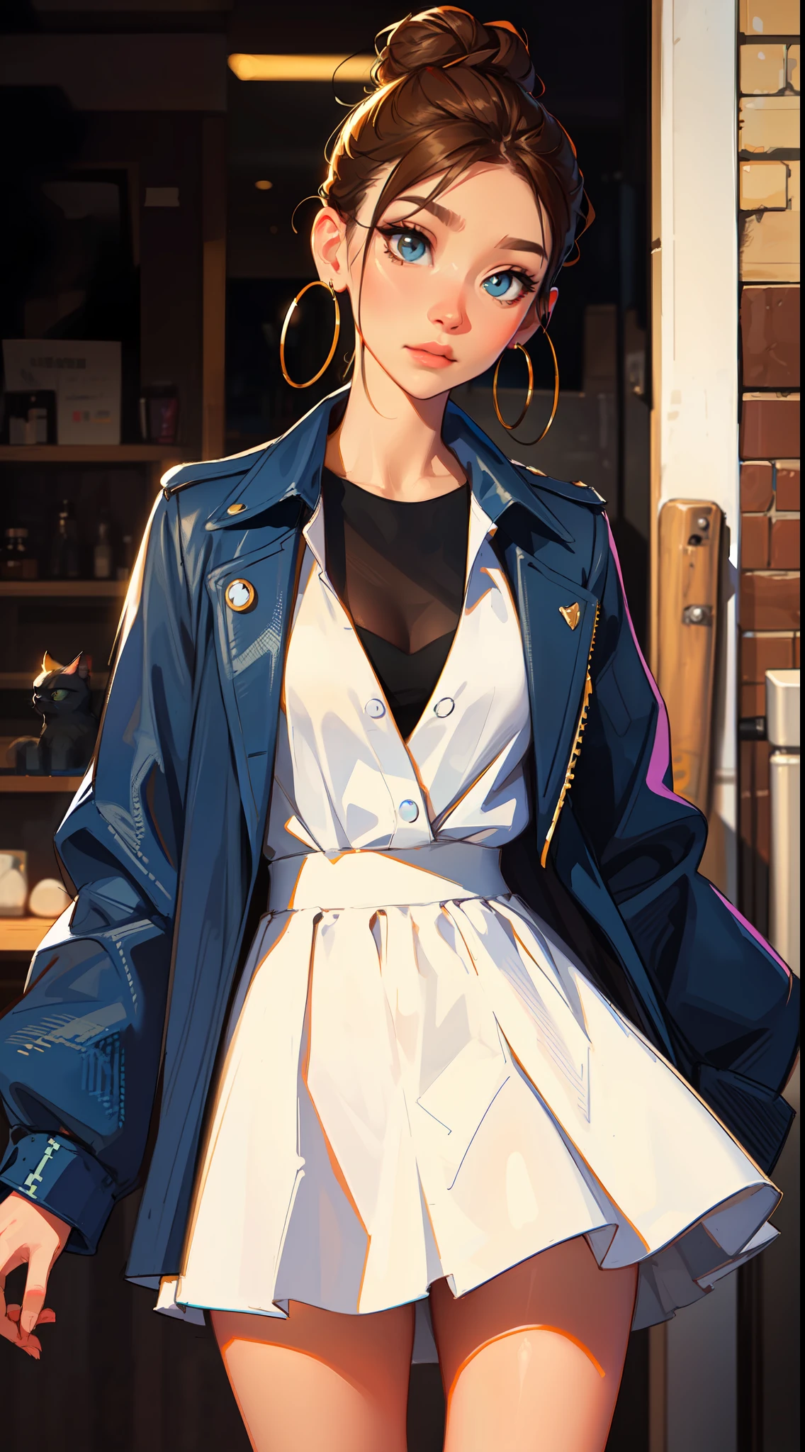 The environment is blurry and elegant, Model, High contrast required, jewels, earings, Upskirt, Shirt, jacket, brown hair, white shirt, A bracelet, hair bun, single hair bun, long skirt, closed mouth, Hoop earrings, blue jacket, sleeves rolled up, Revealing clothes, makeup, white skirt, Detailed hair, looks at the cat