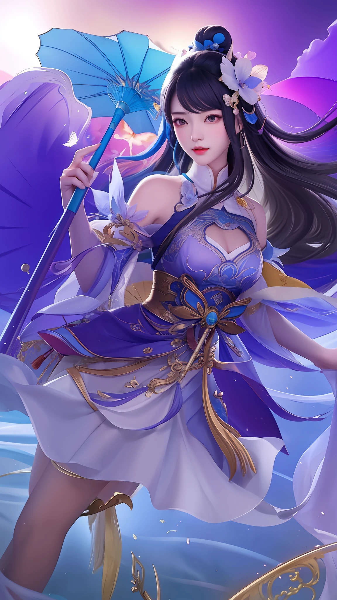 a close up of a woman holding a blue umbrella in a field, beautiful celestial mage, inspired by Wu Li, inspired by Wu Bin, by Yang J, yun ling, heise jinyao, inspired by Lan Ying, irelia, extremely detailed artgerm, portrait knights of zodiac girl, inspired by Ju Lian, inspired by Luo Mu