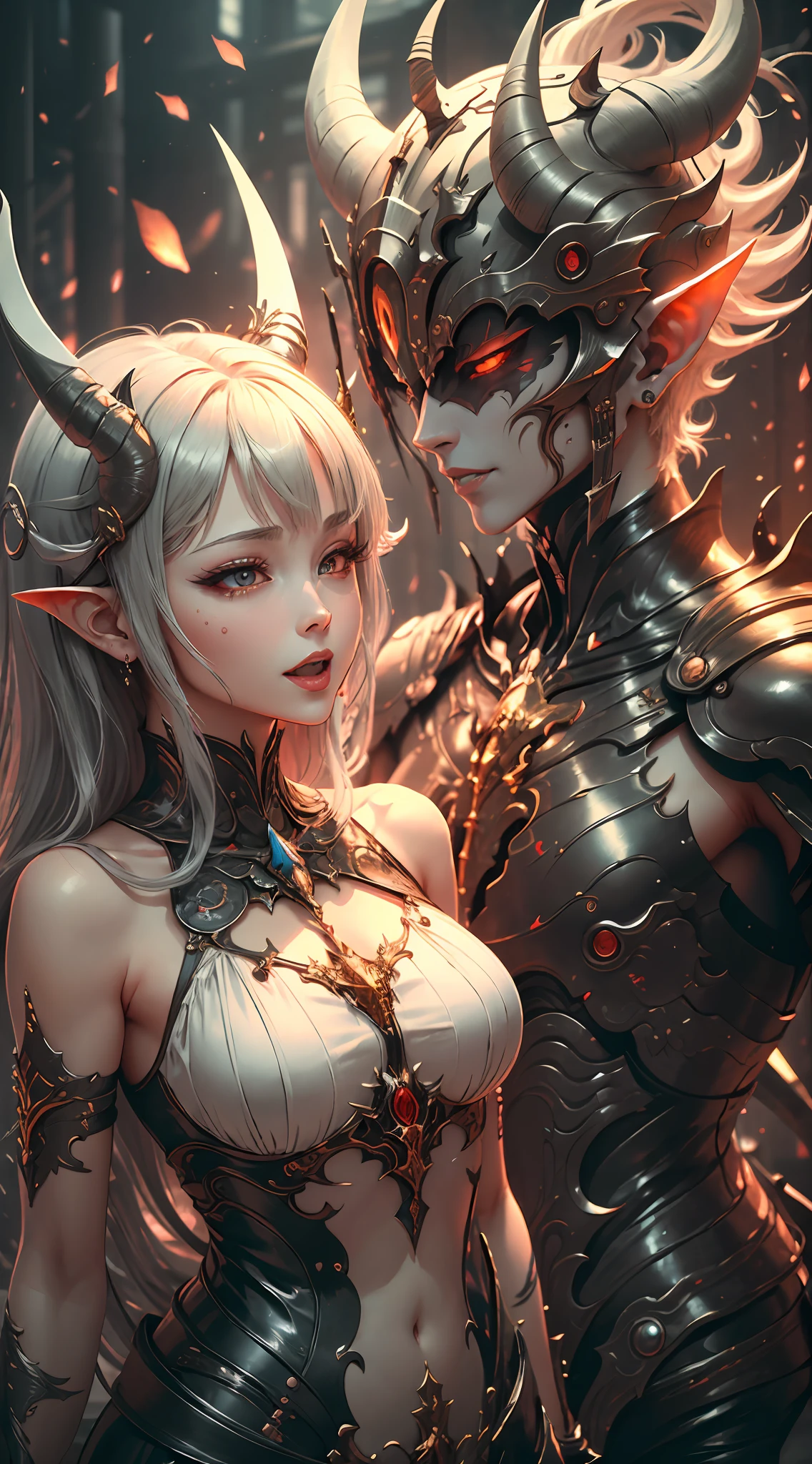 tmasterpiece，angel and demon，Good and evil，Both sides are opposite each other，The demon laughed maniacally，Angels are peaceful and calm，Anime comic style，8k --auto