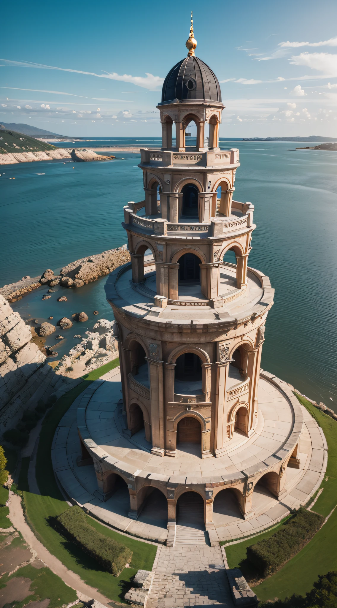 Cinematic, photo, an aerial shot of a beautiful mediterranean byzantine romanesque watchtower in a big sprawling medieval coastal city designed by John Howe, overlooking the eastuary of a big river, grey granite, very tall, imposing, slender, dome, filigree, open sky, elegant elaborate complex architecture, medieval architecture, medieval design, photographed with Canon EOS 5D Mark IV, monument, sense of wonder, extremely detailed, realistic textures, artistic
