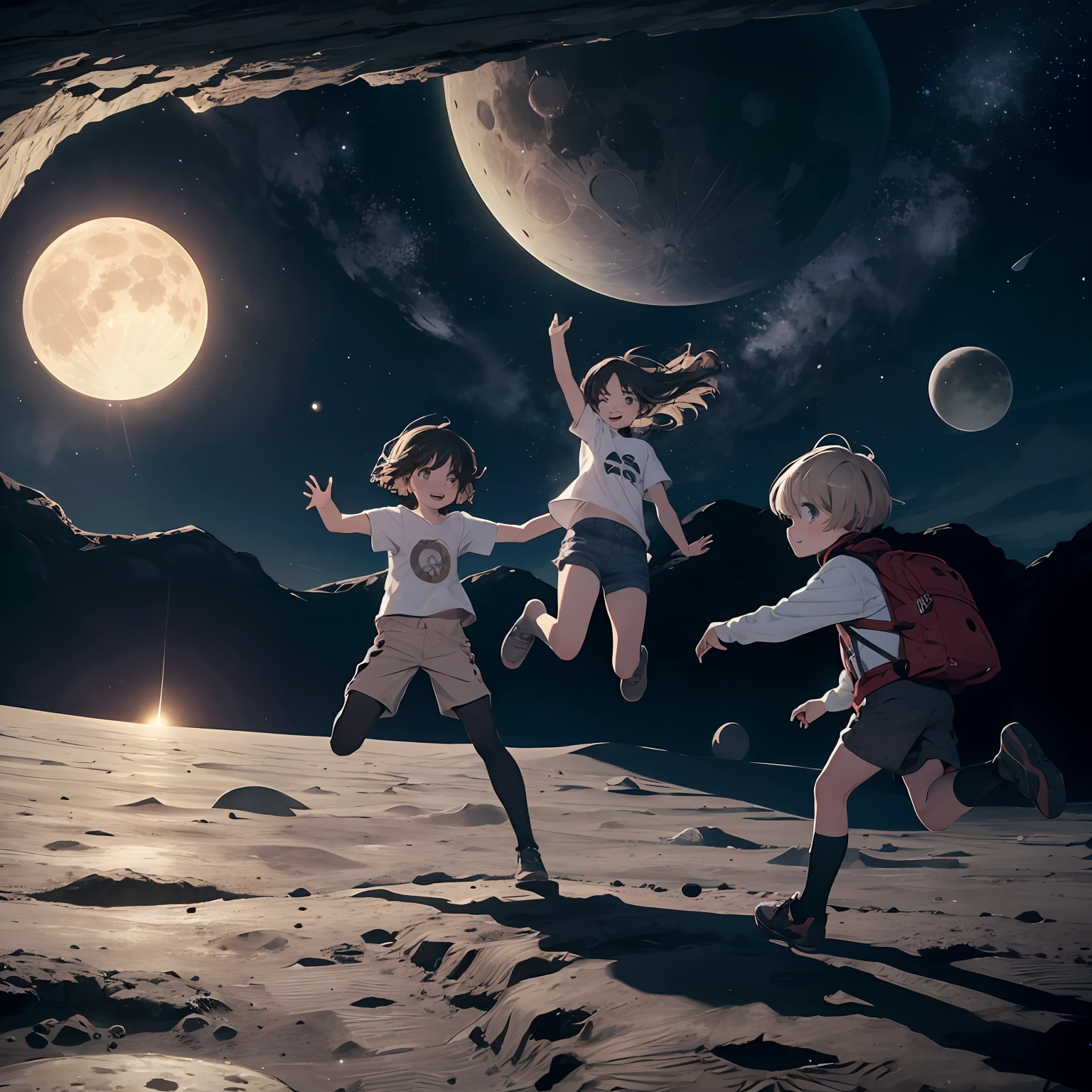 Explorando a Lua:
Draw children jumping on the surface of the Moon, where the curious craters and rock formations seem to smile at them. Ao fundo, the earth shines in the sky, showing that they are far from home. --auto
