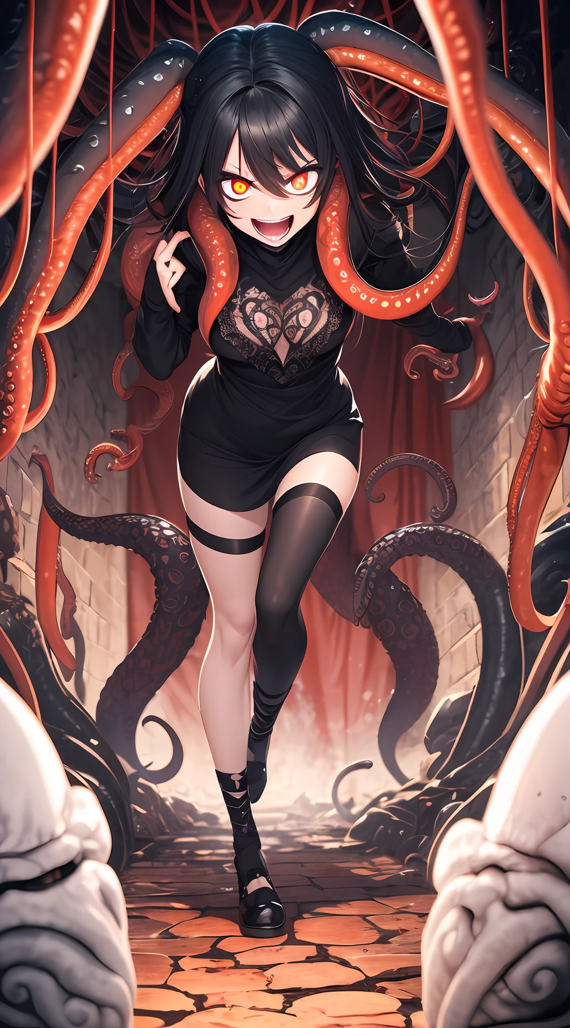 tmasterpiece,Cthulhu style,Beautiful girl stepping on bones under her feet,Showing a crazy expression,Evil laughter,Red gradient to black hair color,The chest cavity is shattered to reveal the heart,Pure white eyes,Pure white pupils,Wrapped around tentacles and eyes,fearsome,Weird,Black and white room,The walls were broken,Tentacles into the,chaos,Out of order,8K --auto