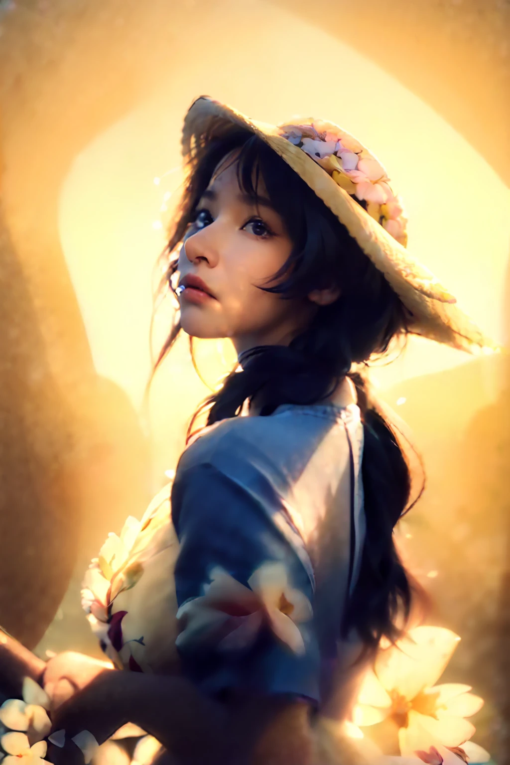 (extreme close up:1.5), (face focus:2),(Style of ???? ???:1.5),
((side face:2)),(1girl surrounded by soft_light:1.5), (backlighting:1.8), (lighting),(flowing fabric:1.3), ((Floral_summer_dress:1.5),(Straw_hat:1.3)),
(masterpiece), realistic, HDR, highly detailed, 8k, raw photo,
ambient occlusion, natural, harmonious composition, warm tones, fine art photography,