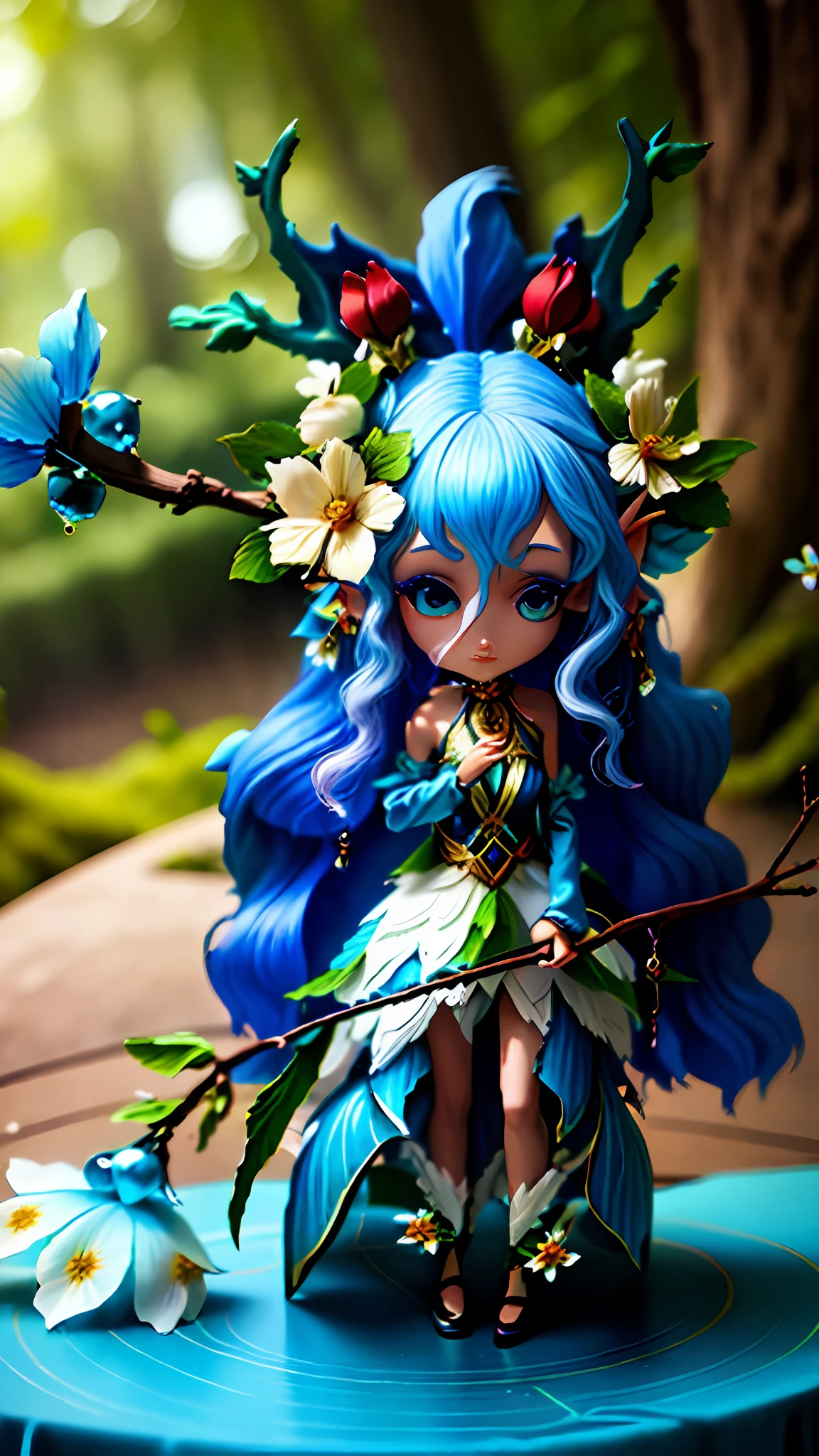 um close up de uma pessoa com um cabelo azul e uma flor, fey queen of the summer forest, Dryad elegante e bonita, estilo de fantasia vibrante, floresta seca, Personagem Pixie, Fey Exotic Highlights, Menina elfa vestindo um terno da flor de cor azul, fada da floresta, roupa azul