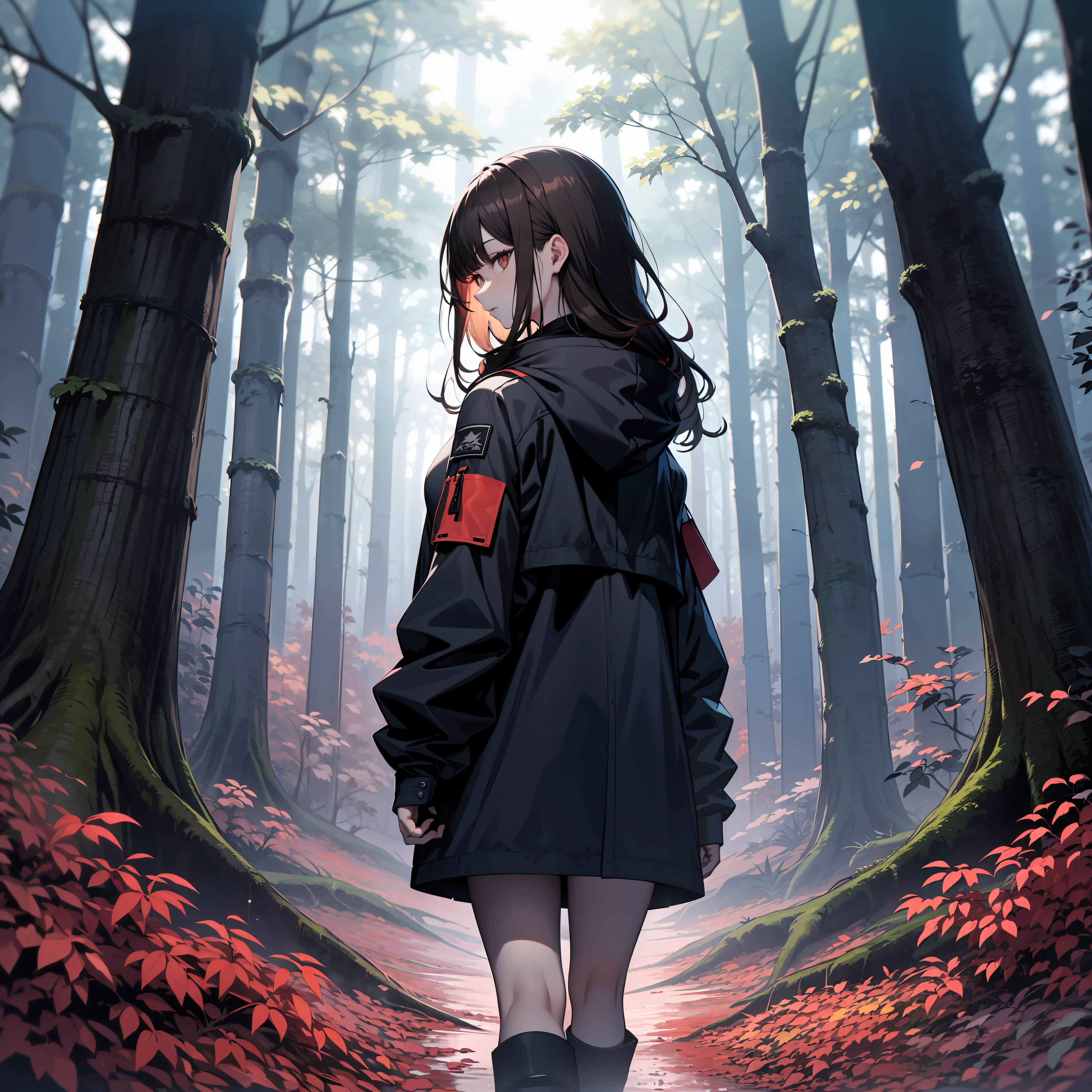 A young woman is walking in a dark forest with her back to the camera when she notices something, surrounded by tall trees with red leaves. They wear a black jacket and have dark hair that reaches their shoulders. The forest is dimly lit, creating a contrast between the red and black colors. The image evokes a sense of mystery and danger.