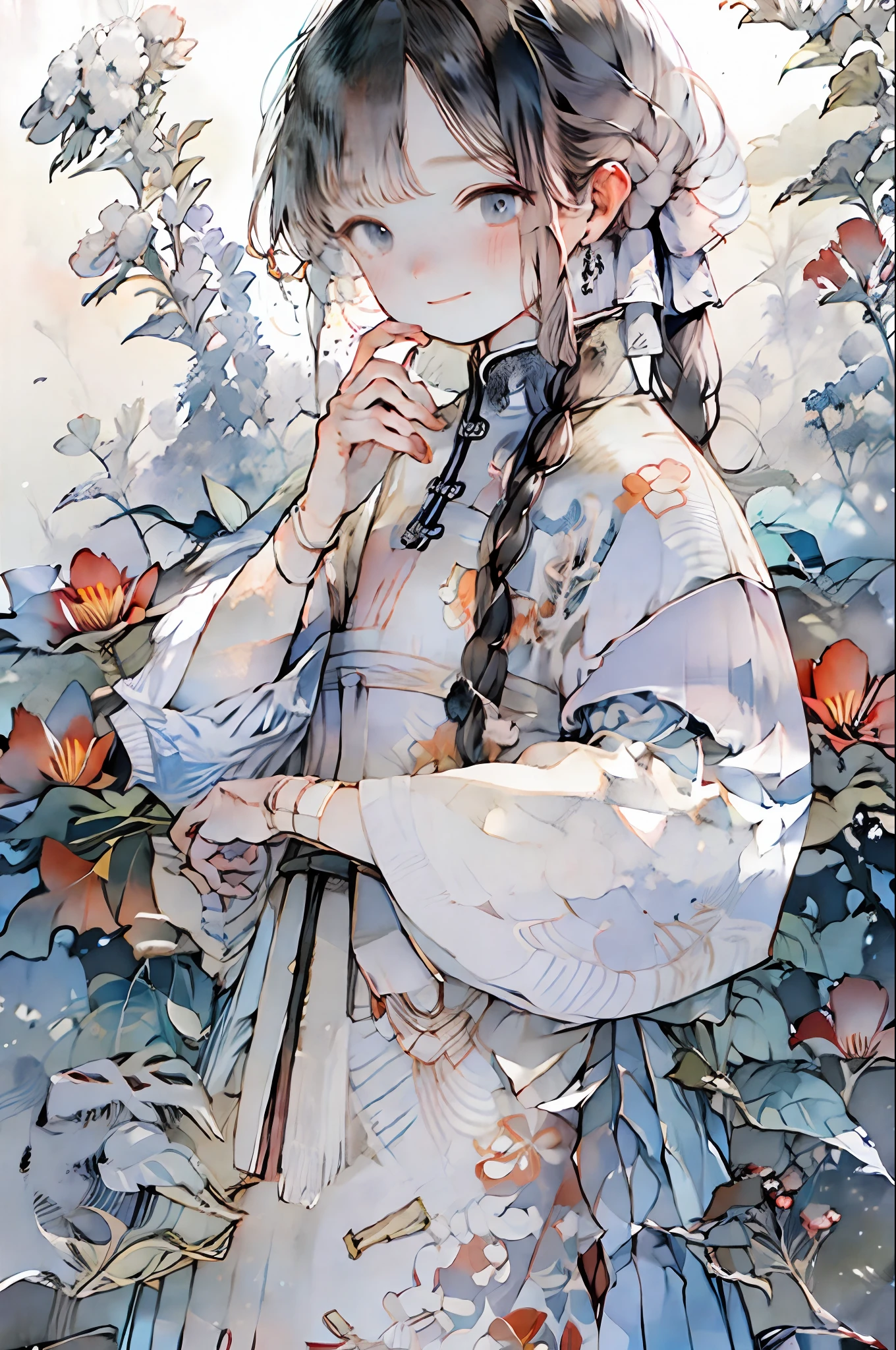 1girl, 20 y. o. Solo, braid, jewelry, blush, earrings, flower, bangs, floral print, looking at viewer, smile, long hair, long sleeves, floral background, upper body, dress, watch, bracelet, puffy sleeves, wristwatch, black hair, hair over shoulder, single braid, ribbon, white flower, hair ribbon, closed mouth, hand up, braided ponytail, chinese clothes, white dress, blue dress, hand on own chin, traditional media, brown hair