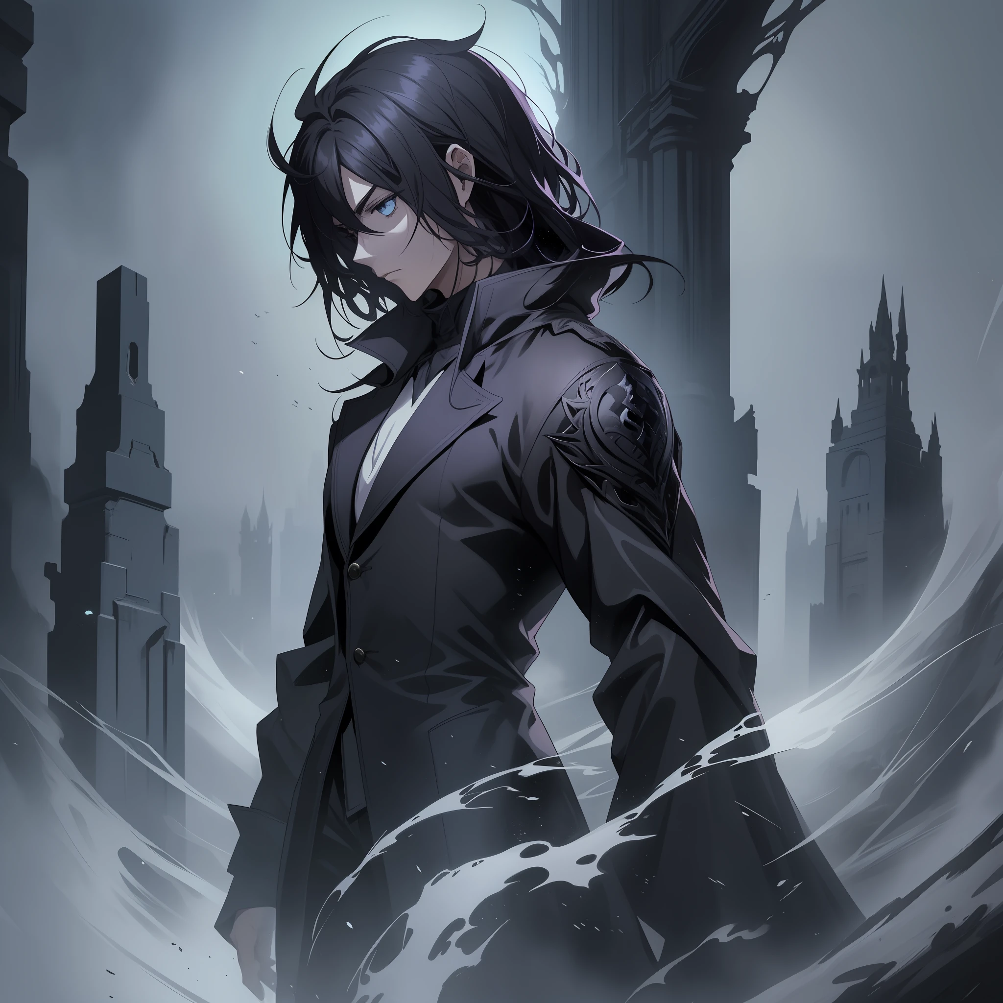 An man anime character stands in a dramatic full-body close-up, shrouded in a black coat with intricate details and a crisp white shirt underneath. The character has an air of mystery, with ghostly and ethereal features, adding to the enigmatic aura. The art style is anime, and the concept art showcases the character's design and presence in an underworld kingdom. The background is veiled in dark smoke, which swirls around the character, enhancing the sense of otherworldliness and darkness. The setting of the underworld kingdom is depicted with eerie elements, such as ancient architecture, shadowy silhouettes, and hauntingly beautiful scenery.