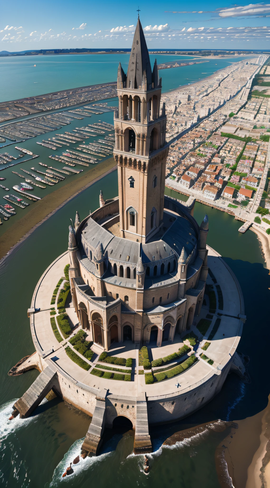 Cinematic, photo, an aerial shot of a beautiful mediterranean byzantine romanesque watchtower in a big sprawling medieval coastal city designed by John Howe, overlooking the eastuary of a big river, grey granite, very tall, imposing, slender, dome, filigree, open sky, elegant elaborate complex architecture, medieval architecture, medieval design, photographed with Canon EOS 5D Mark IV, monument, sense of wonder, extremely detailed, realistic textures, artistic