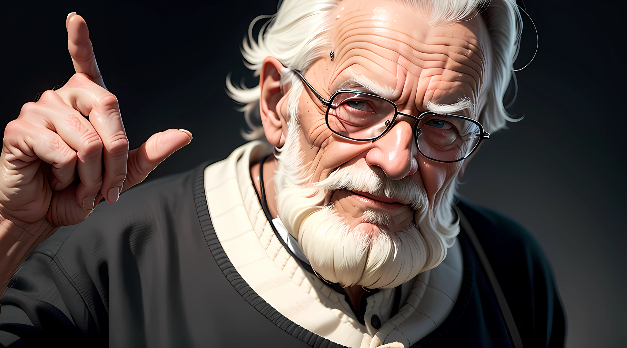 a man of advanced and lonely age, com rugas profundas e um leve sorriso no rosto. Ele deve ter cabelos brancos, preferencialmente longos, e uma barba branca, densa e bem cuidada. Man must convey a sense of knowledge and wisdom through his posture and facial expression. Ele pode estar olhando para a frente com um olhar sereno e penetrante, conveying calm and confidence. Place the elderly man on a completely black background to create a dramatic contrast. This will help emphasize the image and highlight the main character. Use subtle lighting, mas eficaz, to enhance the features of the elderly man's face. o homem pode estar vestindo roupas tradicionais. --auto