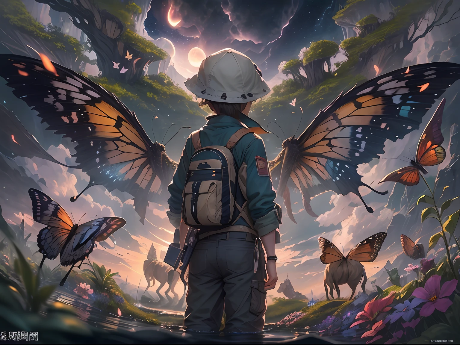 （（best qualtiy））， （（tmasterpiece））， （A detailed：1.4），Enhanced dynamic perspective，jungles，nighttime scene，starrysky，（darkly：1.4），（（The old adventurer stands in front of an oversized butterfly，Butterflies spread their huge wings，shimmering under the moonlight，A starry stream flowed in front of him）），Crocodiles float on the water，（Adventurer backpack），（weeds），florals，（（（adventurer clothing））），super-fine，Works of masters，high qulity，8K分辨率，depth of fields，电影灯光，Epic shooting，high qulity，super-fine，Detailed pubic hair，Accurate，Cinematic lighting，