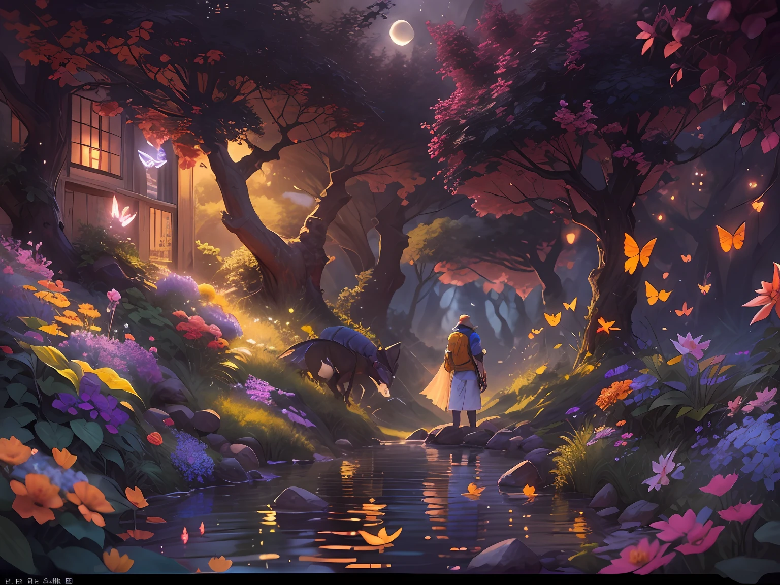 （（best qualtiy））， （（tmasterpiece））， （A detailed：1.4），Enhanced dynamic perspective，jungles，nighttime scene，starrysky，（darkly：1.4），（（The old adventurer stands in front of an oversized butterfly，Butterflies spread their huge wings，shimmering under the moonlight，A starry stream flowed in front of him）），Crocodiles float on the water，（Adventurer backpack），（weeds），florals，（（（adventurer clothing））），super-fine，Works of masters，high qulity，8K分辨率，depth of fields，电影灯光，Epic shooting，high qulity，super-fine，Detailed pubic hair，Accurate，Cinematic lighting，