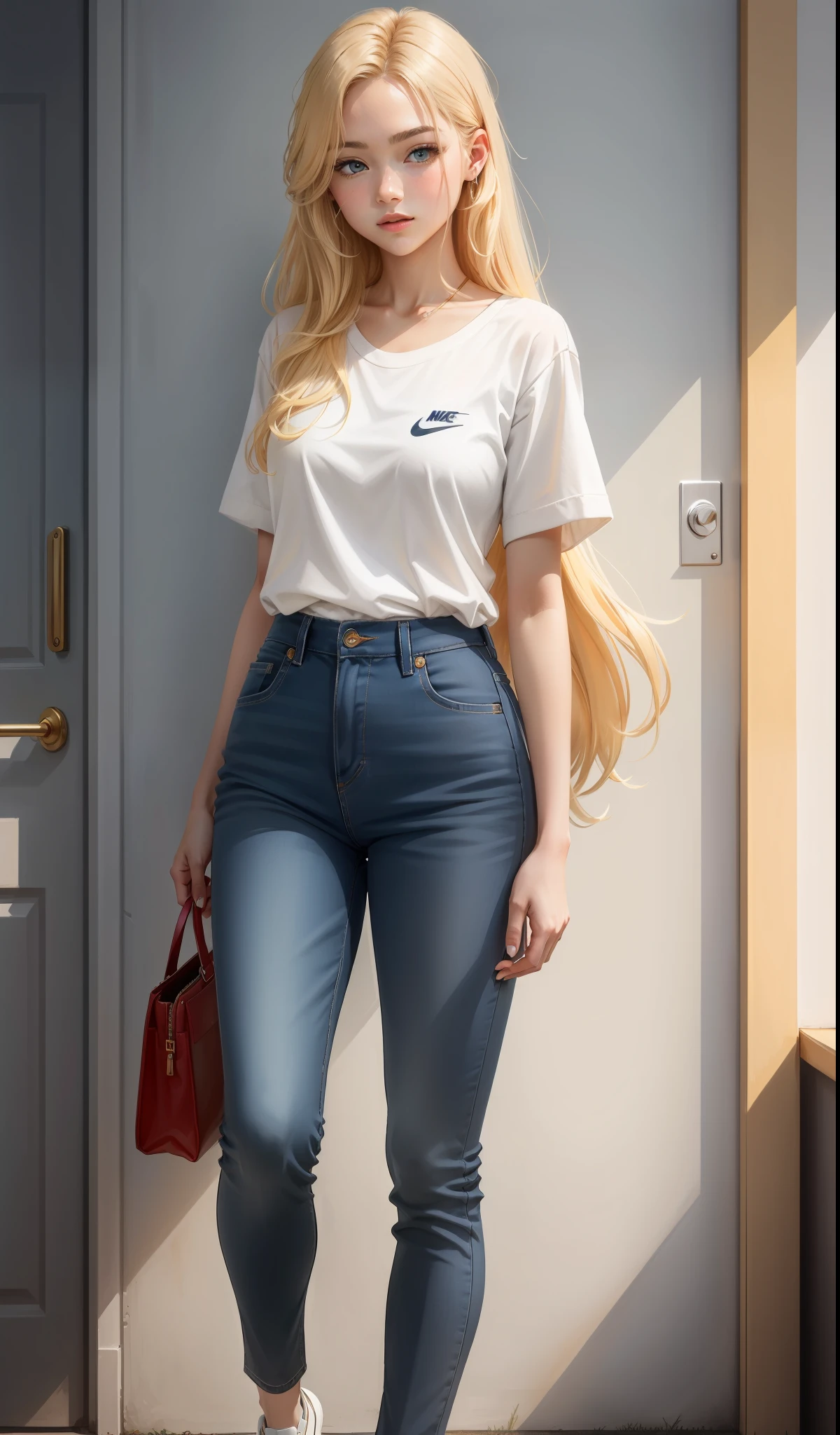 a woman in a white shirt and red pants is playing video game, simple style, wearing elegant casual clothes, muted red, simple clothes, milk and red style, casual clothing style, modern fashion outfit, wearing a fisher , casual modern clothing, inspo, red clothes, red pants, neutral tones, rred and white color scheme, casual business outfit, cute face, nike shoes, , adult face, long hair, ((golden blonde hair)) and gleaming detailed and vibrant light blue eyes, soft lips, flawless skin