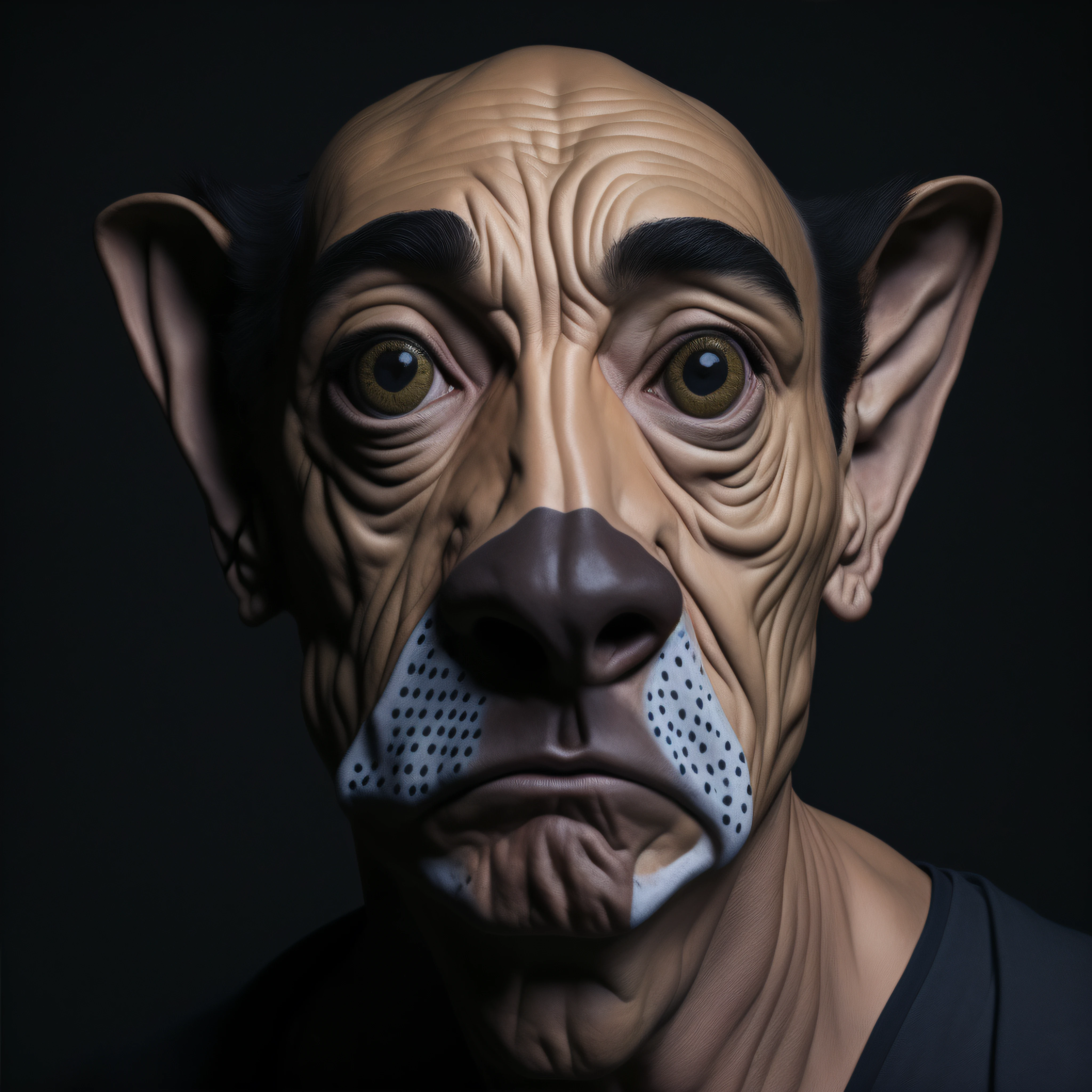 Homem com nariz falso e anel no rosto, Retrato de um Duende, medium portrait of a goblin, hiper realismo assustador, "Retrato de um animal de desenho animado, dog - faced muscular goblin, wolfgang lettl altamente detalhado, rosto e ouvidos muito detalhados, personagem de fantasia hiperdetalhado, rosto e corpo extremamente detalhados, com o rosto muito detalhado, Rosto hiper-realista --auto
