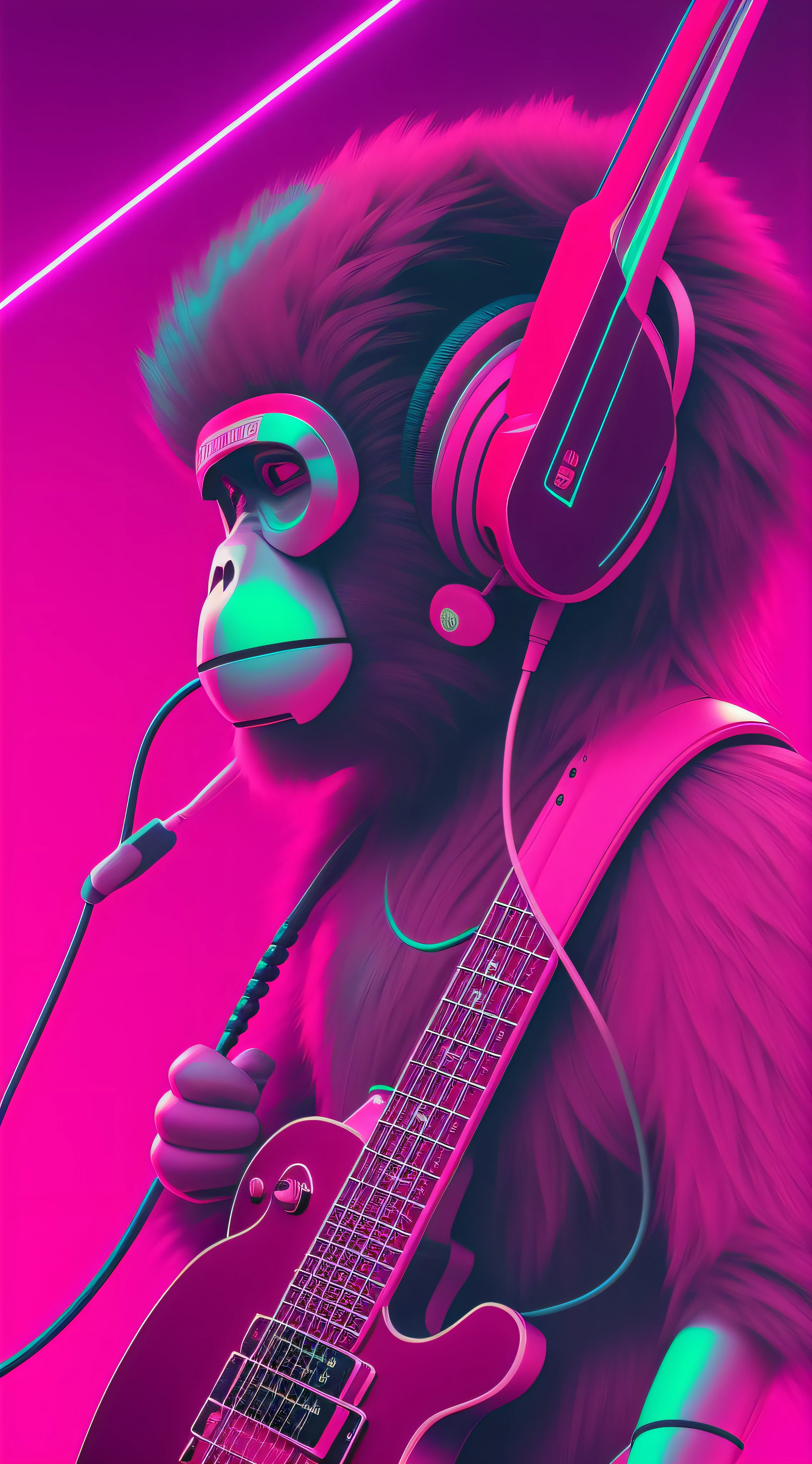 Futuristic monkey with headphones and playing electric guitar with pink color, Fundo com detalhes em neon