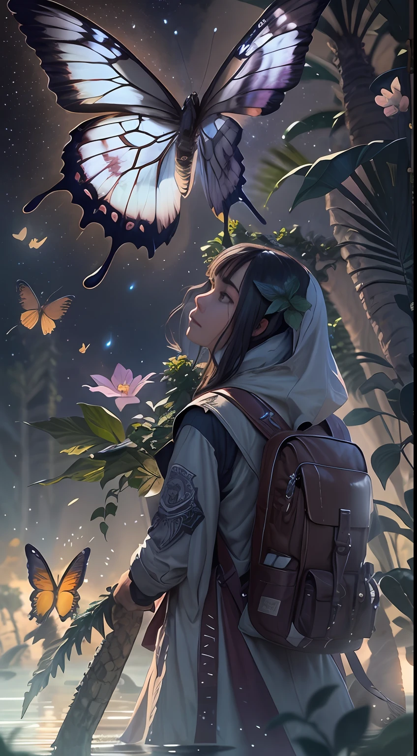 ((best qualtiy)), ((tmasterpiece)), (A detailed:1.4),Enhanced dynamic perspective,jungles,nighttime scene,starrysky,(darkly:1.4),((The old adventurer stands in front of an oversized butterfly,Butterflies spread their huge wings,shimmering under the moonlight,A starry stream flowed in front of him)),Crocodiles float on the water,(Adventurer backpack),(weeds),florals,(((adventurer clothing))),super-fine,Works of masters,high qulity,8K分辨率,depth of fields,电影灯光,Epic shooting,high qulity,super-fine,Detailed pubic hair,Accurate,Cinematic lighting,