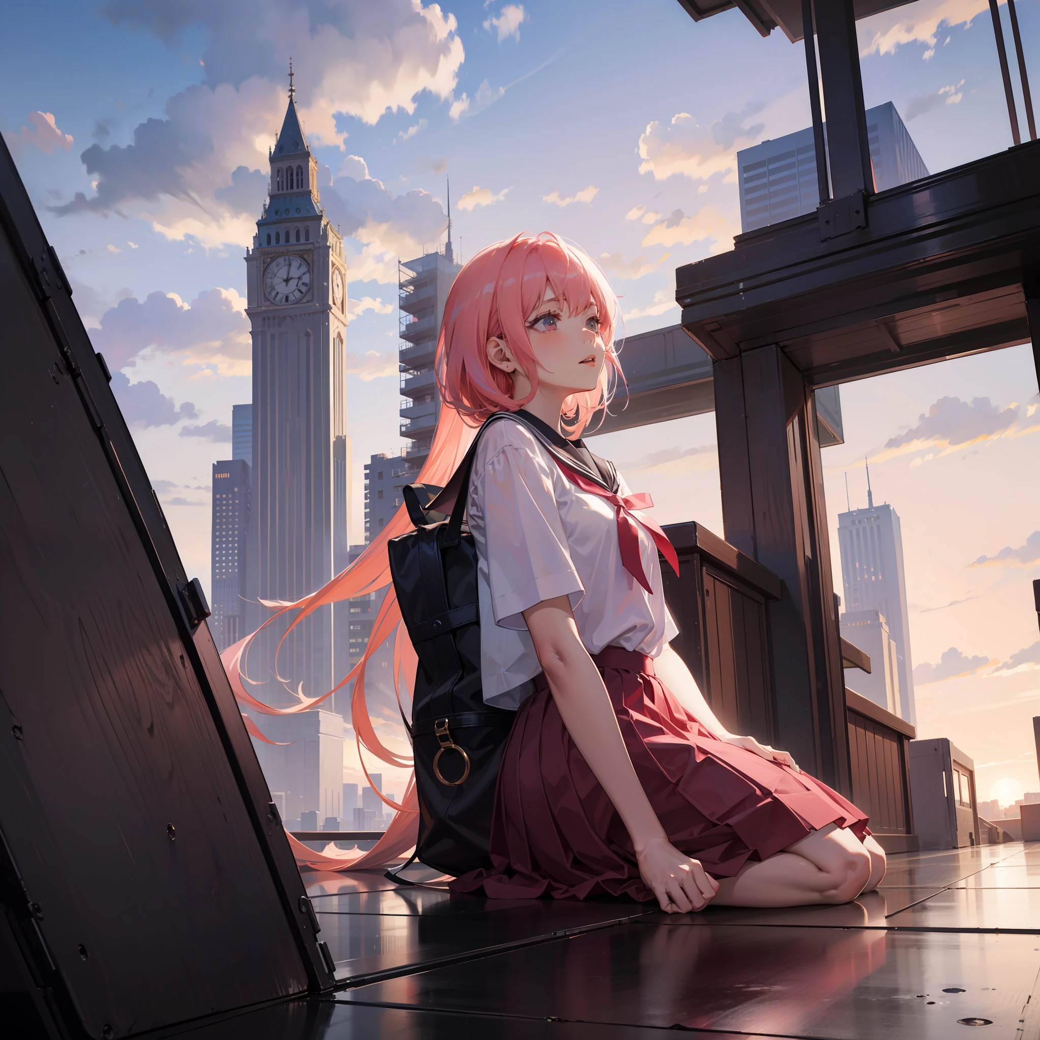 tmasterpiece,Extreme,Need,Fine,8K,Buildings,Girl with pink hair,JK school uniform,Sit on the roof,sunraise,
