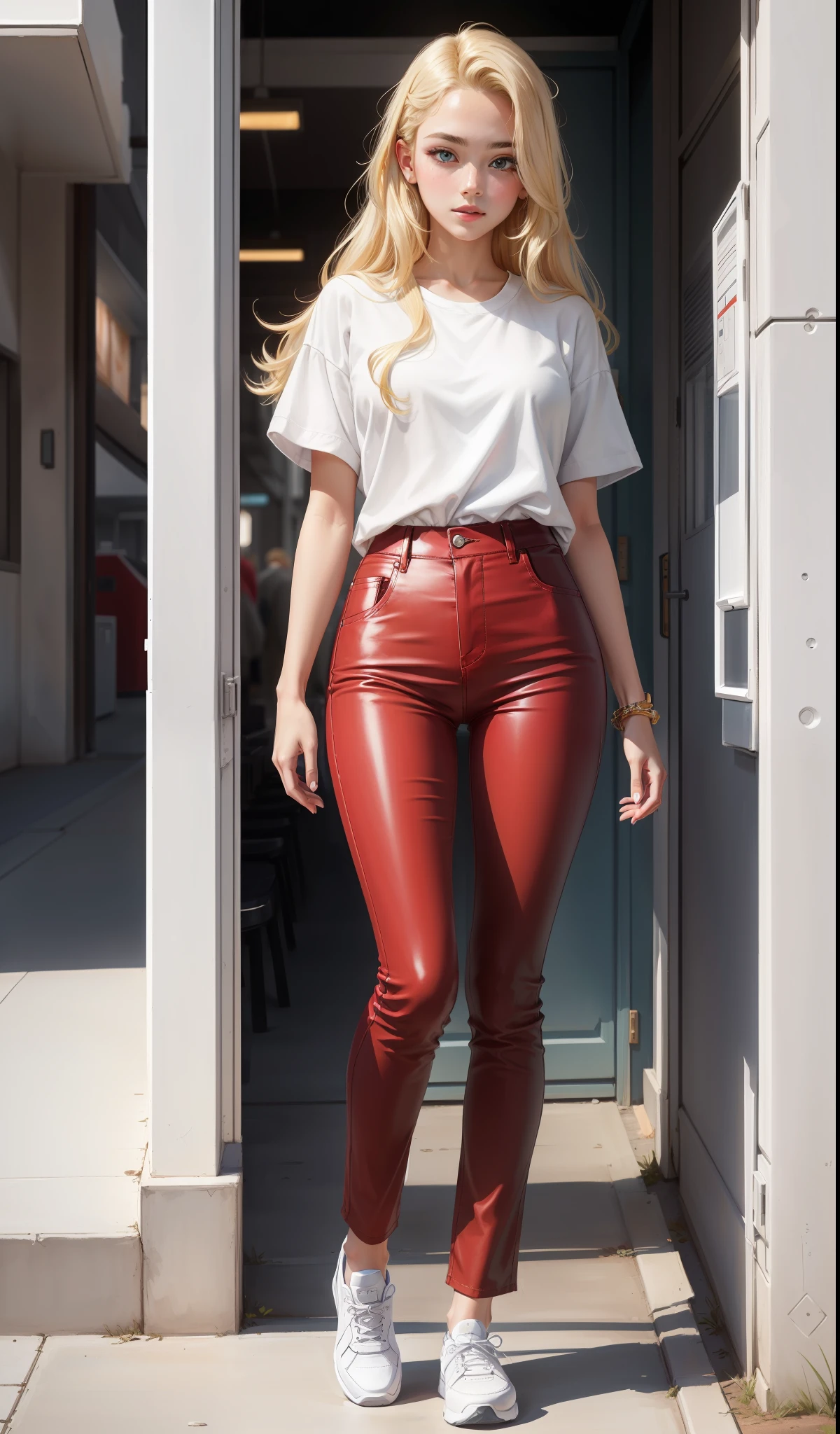 a woman in a white shirt and red pants is playing video game, simple style, wearing elegant casual clothes, muted red, simple clothes, milk and red style, casual clothing style, modern fashion outfit, wearing a fisher , casual modern clothing, inspo, red clothes, red pants, neutral tones, rred and white color scheme, casual business outfit, cute face, nike shoes, 17 years old, adult face, long hair, ((golden blonde hair)) and gleaming detailed and vibrant light blue eyes, soft lips, flawless skin