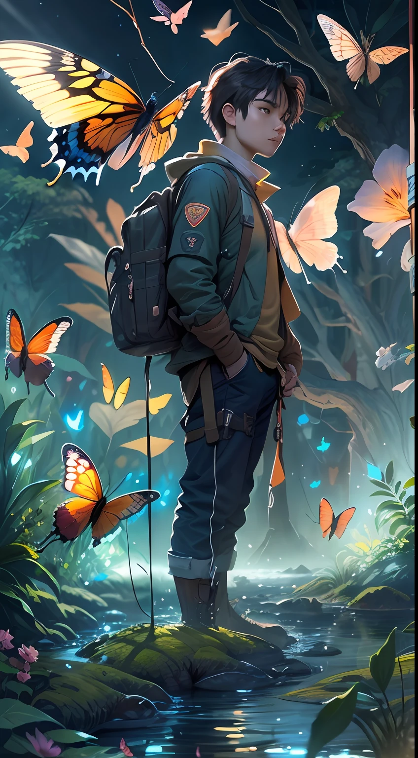 ((best qualtiy)), ((tmasterpiece)), (A detailed:1.4),Enhanced dynamic perspective,jungles,nighttime scene,starrysky,(darkly:1.4),((The old adventurer stands in front of an oversized butterfly,Butterflies spread their huge wings,shimmering under the moonlight,A starry stream flowed in front of him)),Crocodiles float on the water,(Adventurer backpack),(weeds),florals,(((adventurer clothing))),super-fine,Works of masters,high qulity,8K分辨率,depth of fields,电影灯光,Epic shooting,high qulity,super-fine,Detailed pubic hair,Accurate,Cinematic lighting,