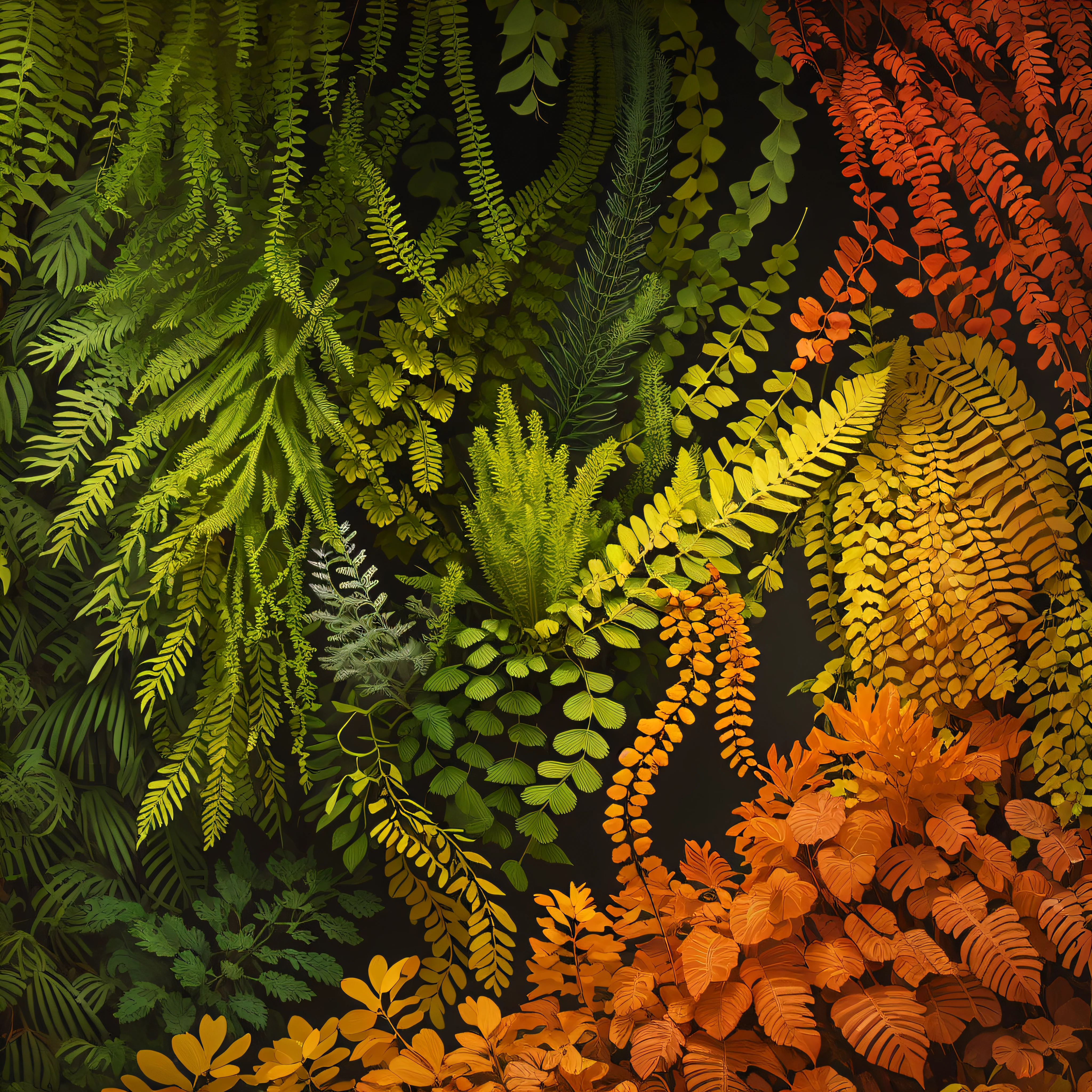 pattern, 2k, 2d, Pteridophyte flowers, ferns, horsetails and mosses, Indian red color, white color, black color, neon yellow grenn colors, with white background --auto