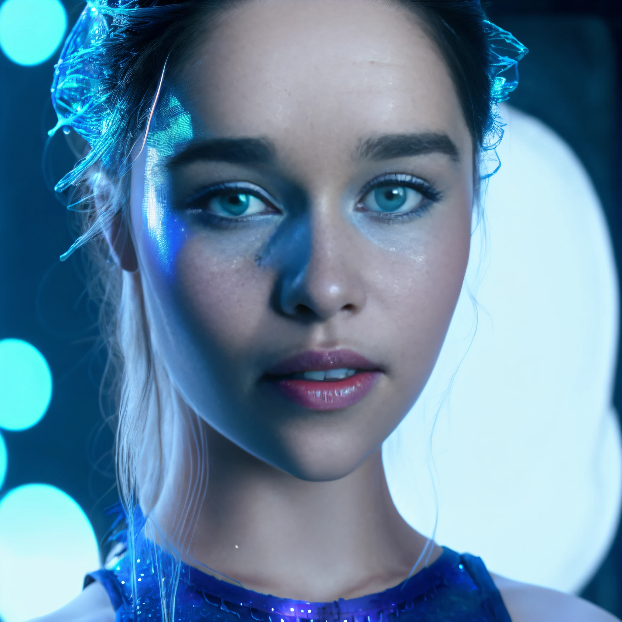 Emilia Clarke in a fishnet bodysuit in the rain with a wet background of water droplets, beautiful detailed light blue_eyes, sweaty, (shiny skin:1.0), (Ultra detailed:1.3), neon light and a neon background,