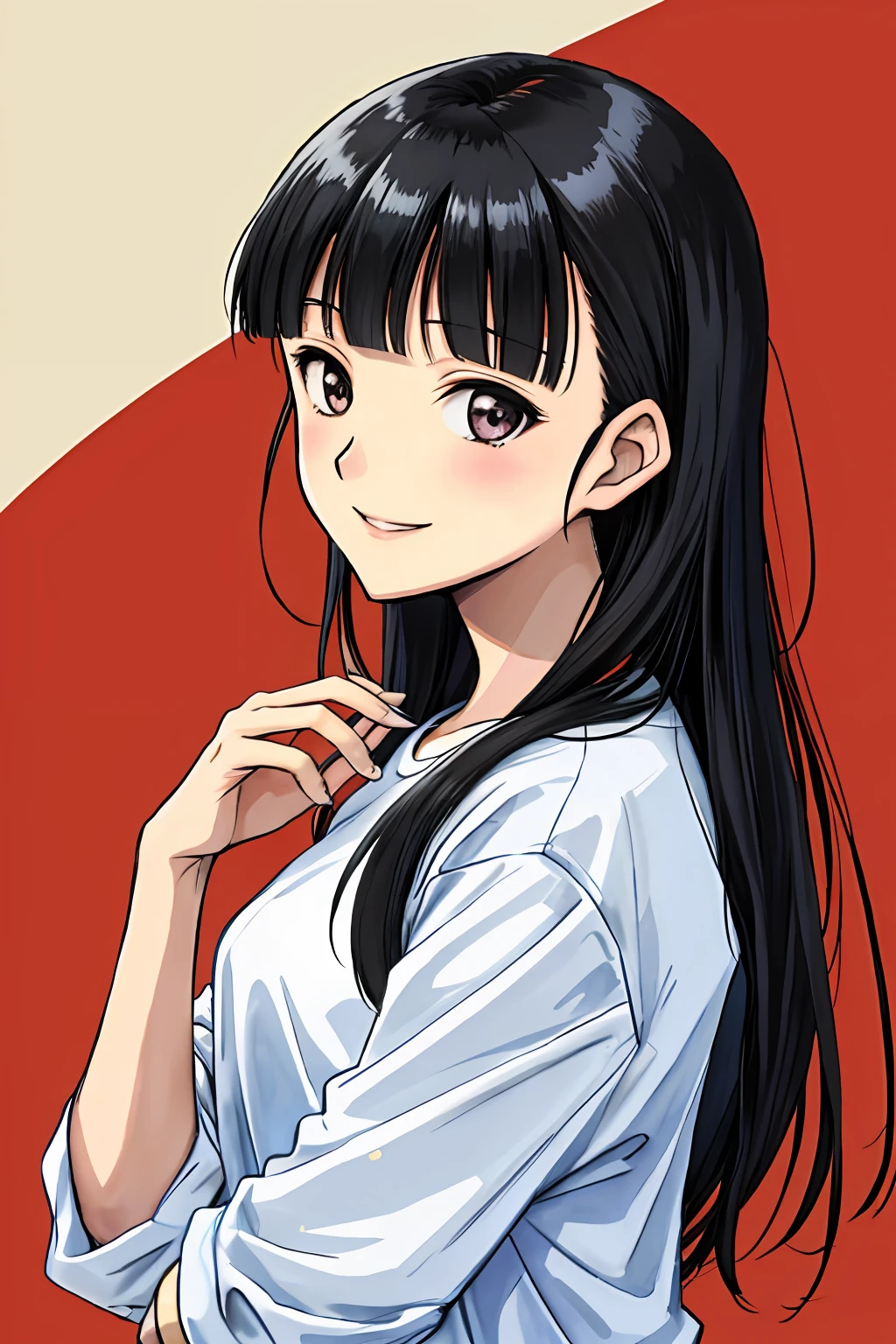 Sakamoto Mio, black_hair, long_hair, portrait, upper body, smile, casual