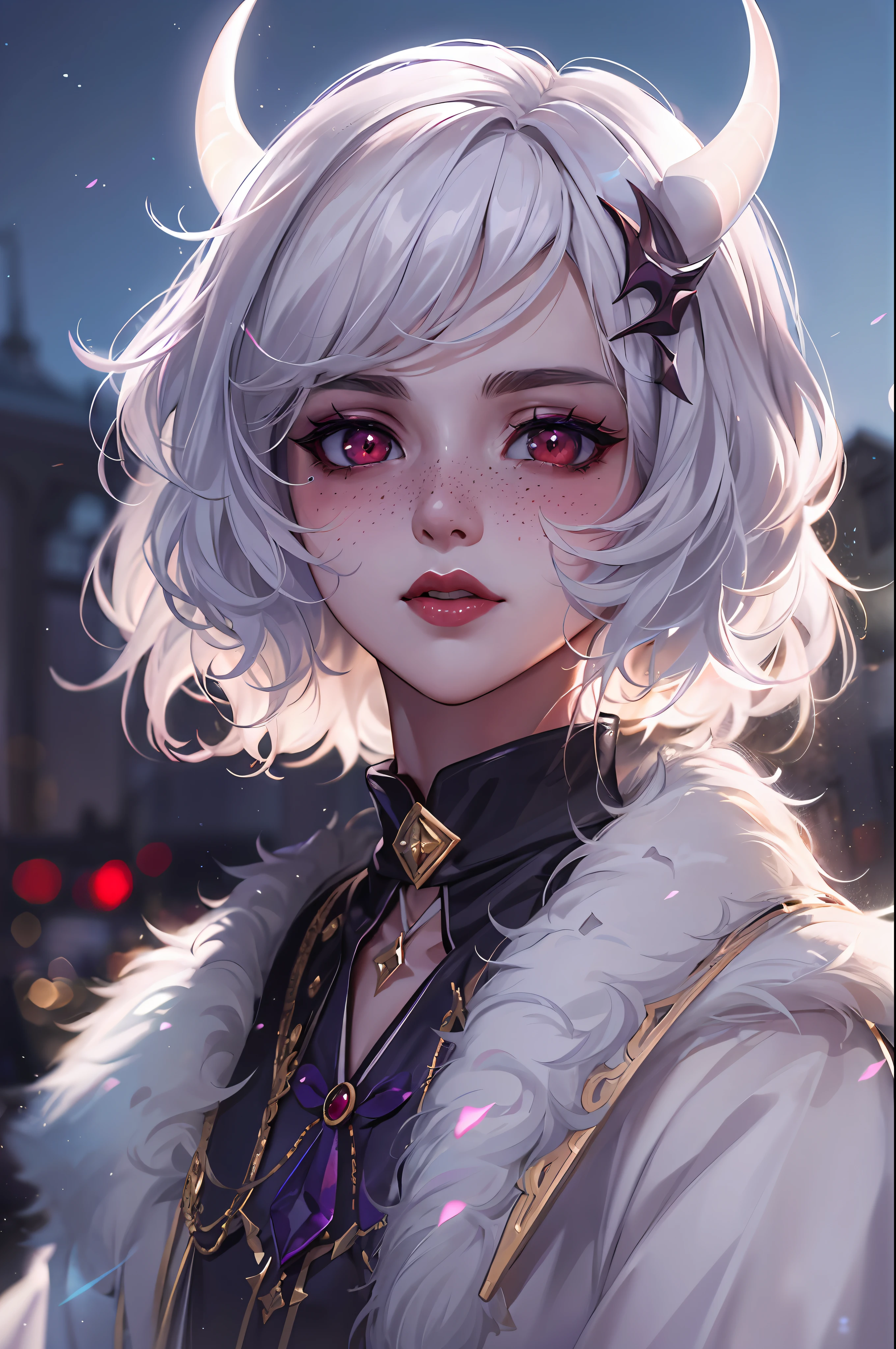 (Masterpiece, Absurd, High Quality, Best Quality, Ultra Detail, Beautiful), Perfect Eyes, Perfect Face, Perfect Lighting, Textured Skin, Beautiful Detail Face, (Detailed Face: 1.4), Beautiful Detail Eyes, Ambient Light, Realistic Shadows, Beautiful Detail Pupils, Cute, 1 Girl, Solo, One Focus, Beelzebub, Short Hair, White Hair, Demon Girl, Demon Tail, Freckles, Red Eyes, White Horns, Purple Lipstick, Lips, Blush, White Fur Coat, (white fur-trimmed coat: 1.3), outdoor, street, (evening: 1.2), car in background, headlights, church in background, lighting, moon, looking at the audience, walking, smiling, from the side, full body, rich, expensive, jewelry