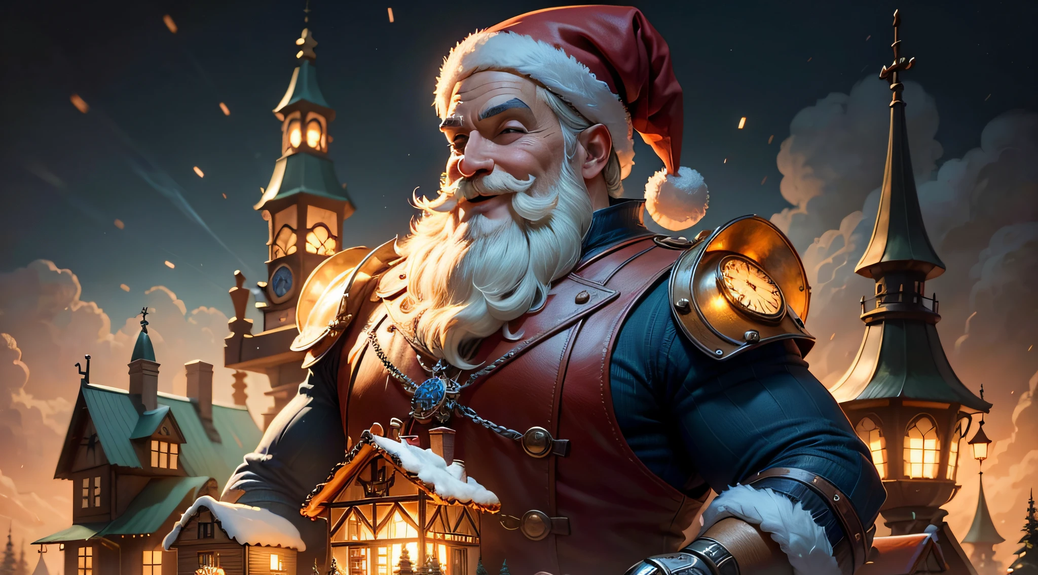 Christimas Santa Claus smiling happily smiling to heaven, olhando para frente, reindeer in the sky, Gingerbread candy village, Steampunk, cinematographic scene, Art Deco, studio illumination, Roboto, Colouring, Inspetor, fantasia, conto de fadas, intrincado, Florta, vagalumes, flor, Tema azul, fundo azul, gradiente azul, Natal, Hansel e Gretel, desfoque de fundo, Bokeh, medium shot, Visualmente deslumbrante, arte conceitual, trending in artstation, Artgerm, CGSetnação