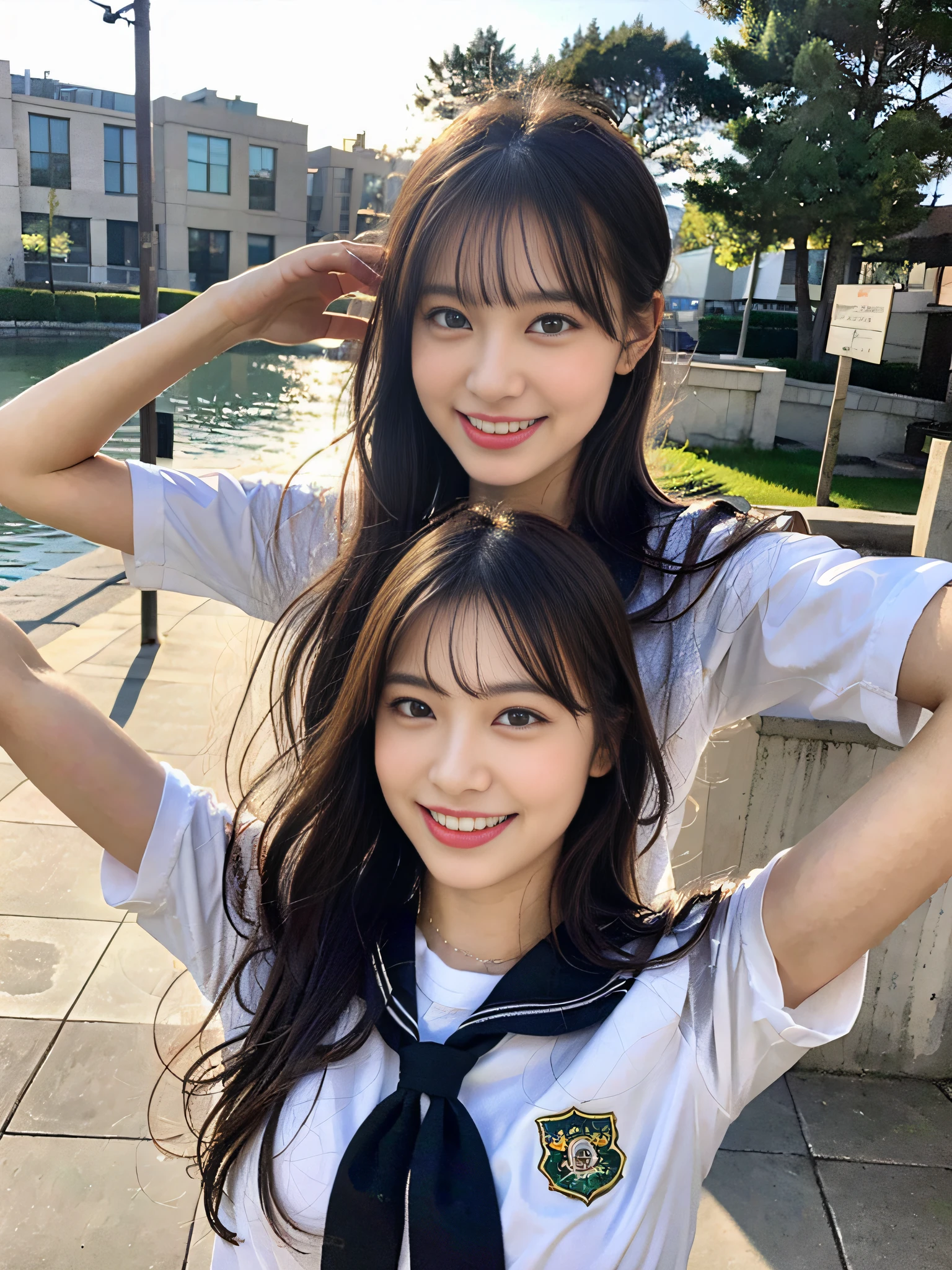 (8K、Raw photography、top-quality、masterpiece:1.2)、ultra-detailliert、ultra res、(hyper realisitic:1.4)、(Sexy waist)From above、Camera from above、Camera angle from above、I'm looking at this with upward eyes、Arms outstretched、arms spread wide、High-quality images taken with a camera from above、Above the sea、、Offshore Girl(Fantastic lighting)head to waist、sexy pose、Very embarrassing、Erotic Poses、A sexy、Raw feet、odious waist、de pele branca、Fair-skinned female proofreading、An ultra-high picture quality、、Beautiful female proofreading reflecting in light、amazing detailed、Beautiful girls in very detailed、Faces with different patterns、Different face patterns、Each hairstyle has its own characteristics、Farbe々Hairstyle、Farbe々Hair color shining with clean light、I enjoy fishing on a boat、Brown hair shining in the light、One has a ponytail、、Modern cute high school girl、very detailed faces very detailed eyes、Very realistic skin、 extremely detailed fingers, highly detailed nose, highly detail mouth, perfect anatomia, Highly detailed sailor suit、、The details of their hair and uniforms shine through、Burning teeth and smiling、Realistic body, de pele branca, glistning skin, Slim body, Long straight hair, (Blunt bangs:1.2), , nixeu and sakimichan, TWICE, Seifuku, sakimichan, JK Uniform, wearing japanese school uniform, promo still, Larisa Manobal, Japan school uniform, japanese girl school uniform, alena aenami and lilia alvarado
