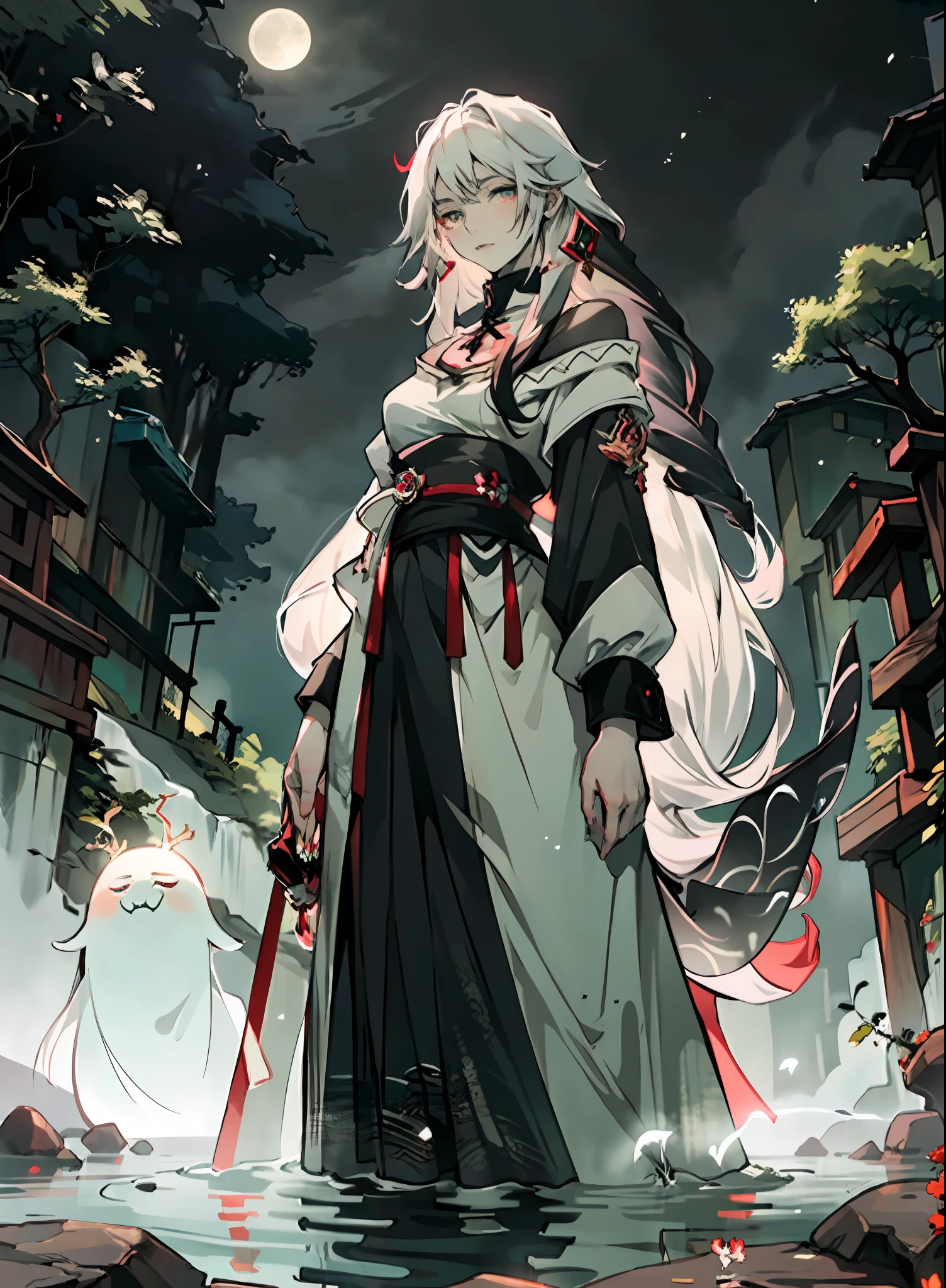 masterpiece, best quality,1girl, long white hair, long hair, white hair, chalk white skin, pale skin, moonlight, river, moonlight on river, red markings, pale green eyes, floating, spirit, ghost, beautiful girl, low exposure, pale green eye color, night sky, standing tall, tall, standing straight