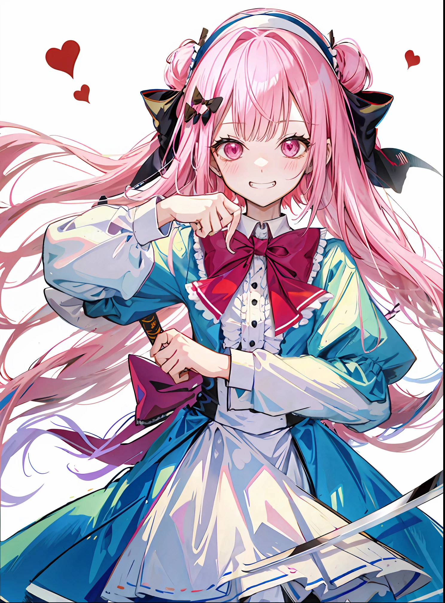1girll,maidennurse，Sick，doll，love heart，Bow knot，bloods，short sword，mad grin，Love eyes