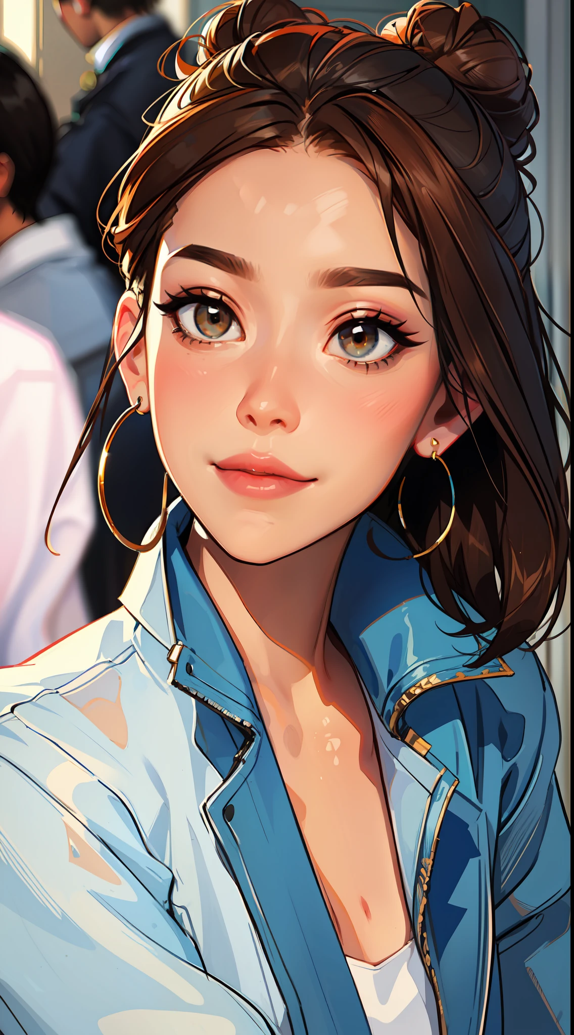 The environment is blurry and elegant, Model, High contrast required, jewels, earings, Upskirt, Shirt, jacket, brown hair, white shirt, A bracelet, hair bun, single hair bun, long skirt, closed mouth, Hoop earrings, blue jacket, sleeves rolled up, Revealing clothes, makeup, white skirt, Detailed hair, Tied shirt
