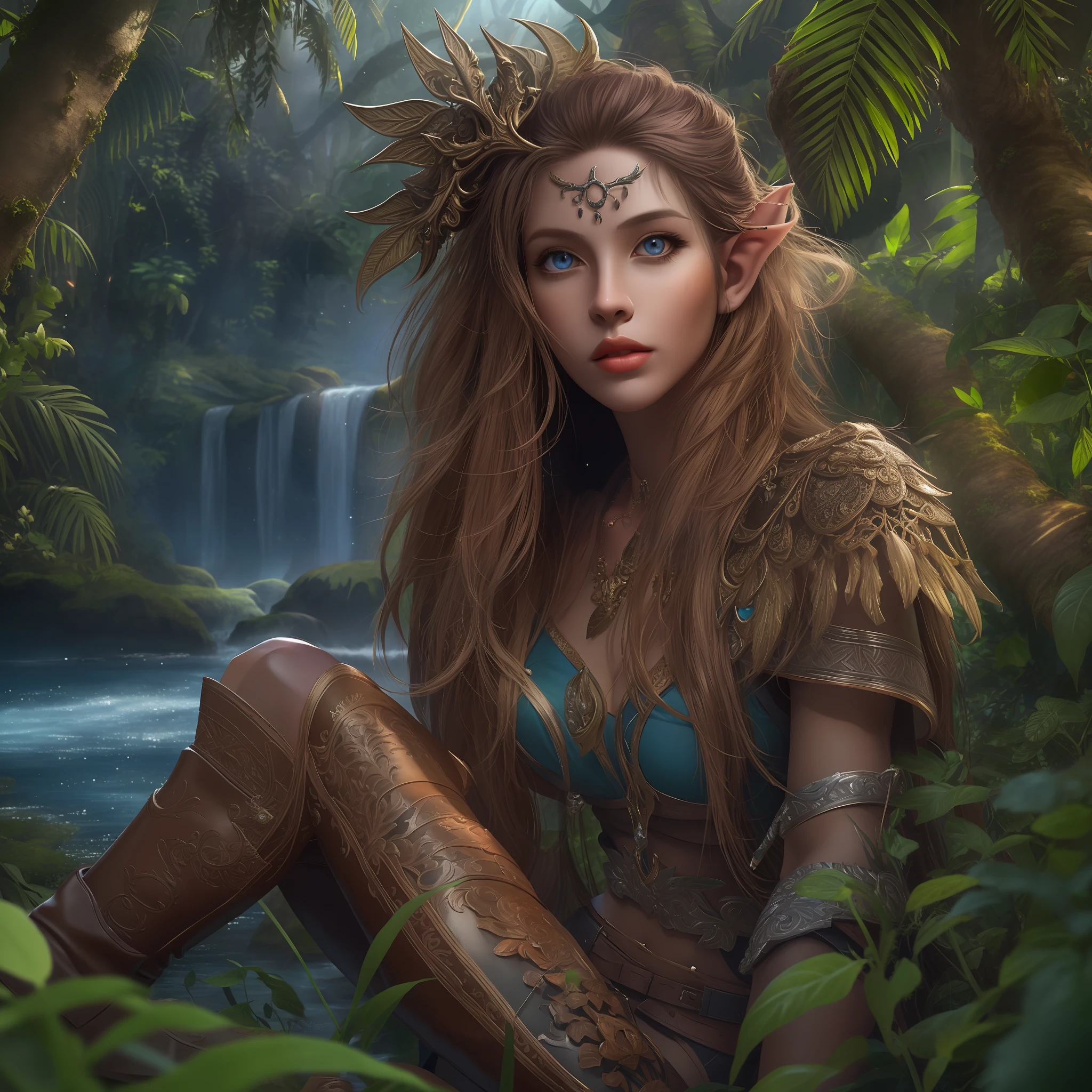 high details, best quality, 8k, [ultra detailed], masterpiece, best quality, (extremely detailed), dynamic angle, ultra wide shot, RAW, photorealistic, fantasy art, realistic art, a female elf druid  (1.5 intricate details, Masterpiece, best quality) [[shapechange into a leopard]] in a jungle,  a female elf wearing leather clothes (1.4 intricate details, Masterpiece, best quality), leather boots, thic hair, long hair, brown hair, intense blue eyes, vibrant jungle (intense details), many jungle trees (1.3 intricate details, Masterpiece, best quality), vines, a river flowing, sun light, dinamic light. dinamic angle, (1.4 intricate details, Masterpiece, best quality) 3D rendering, high details, best quality, highres, ultra wide angle