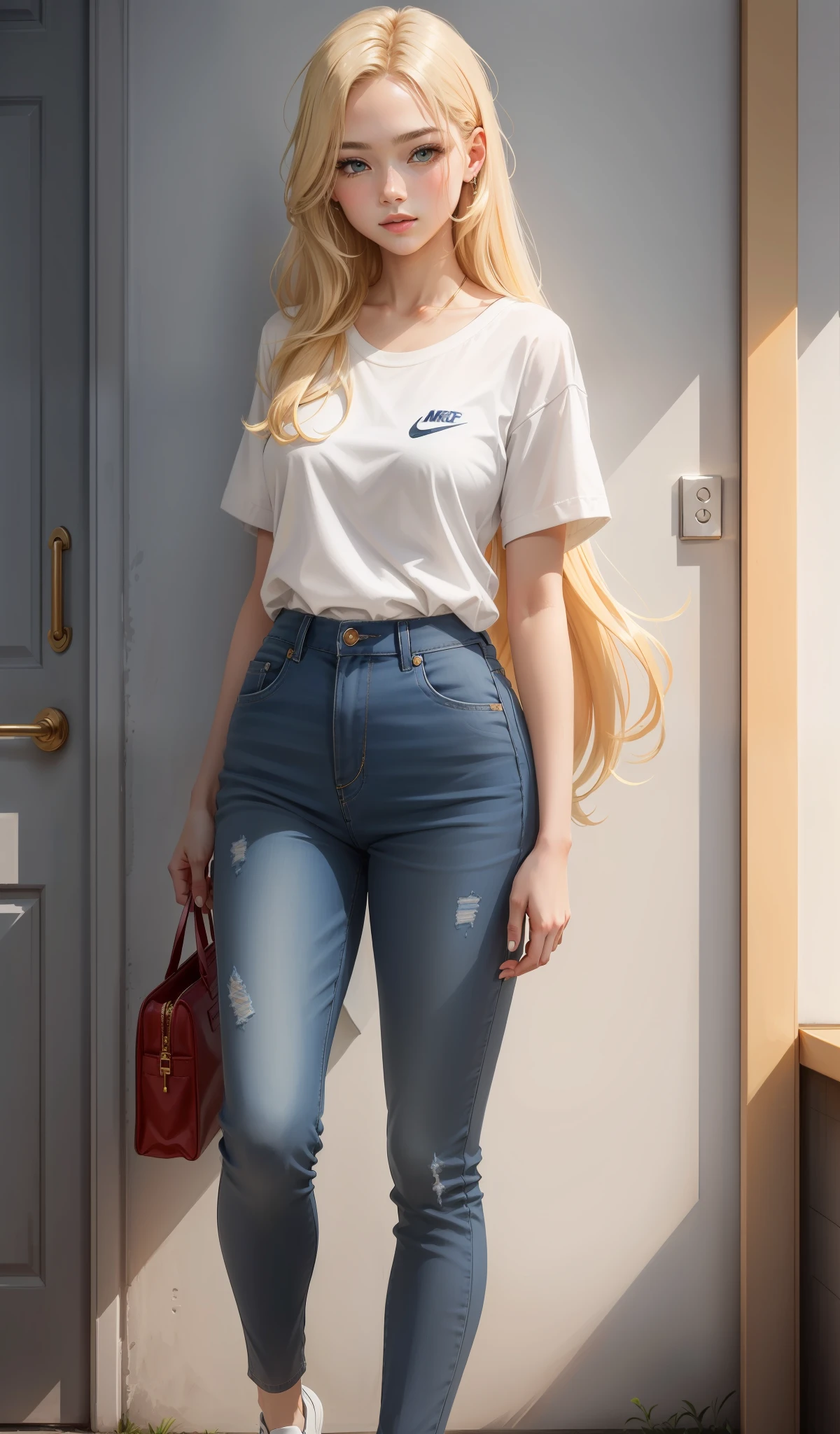 a woman in a white shirt and red pants is playing video game, simple style, wearing elegant casual clothes, muted red, simple clothes, milk and red style, casual clothing style, modern fashion outfit, wearing a fisher , casual modern clothing, inspo, red clothes, red pants, neutral tones, rred and white color scheme, casual business outfit, cute face, nike shoes, 17 years old, adult face, long hair, ((golden blonde hair)) and gleaming detailed and vibrant light blue eyes, soft lips, flawless skin, beautiful face