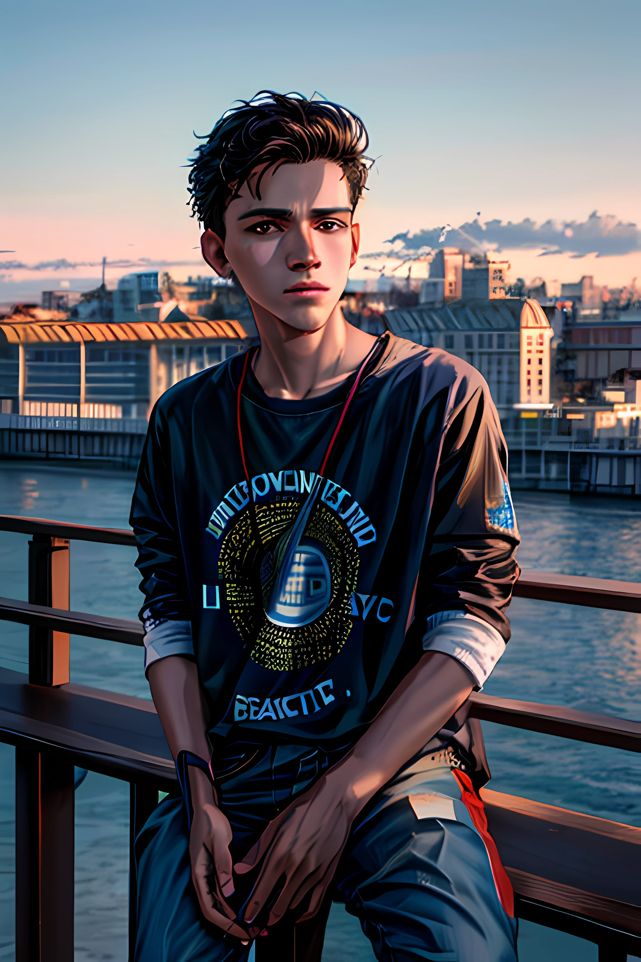 arafed man sitting on a railing with his hands in his pockets, mid shot portrait, aleksander rostov, photo portrait, around 1 , catalog photo, daniel dociu, high quality portrait, outlive streetwear collection, scenic full shot, inspired by Jean Malouel, diego fernandez, full length shot, daniel mirante