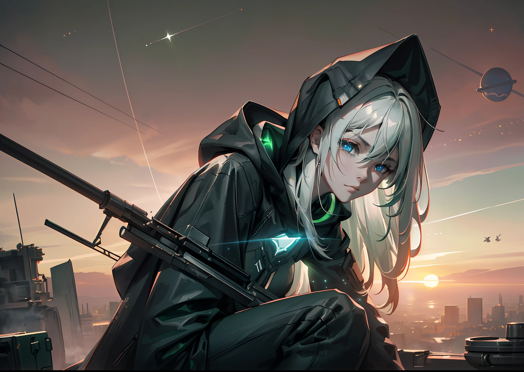 Smoke, (war:1.5), postapocalypse, ((Planets in the sky, stars in thr sky)), ((Dark green sunset:1.3)), (Green sky:1.2), green light, The ruined backdrop of the city, ((spaceship in the sky)), science-fiction, (shapely body: 1.4), a 1girl, sitting on the rubble of a building, (Tired look:1.3), (Long white hair:1.4), (blue eyes), (Detailed eyes and face:1.3), Black pants, black big sweatshirt, hood, (Cyberpunk clothes), (clothes in black and white colors), black cloak, city   of the future, (calm face:1.3), Destroyed skyscrapers, Wire, HDR (High Dynamic Range), ray traced, NVIDIA RTX, Over-resolution, Unreal 5, sub-surface Scattering, текстурирование PBR, postprocessed, Anisotropic filtering, Depth of field, Maximum clarity and sharpness, Multi-layer Textures, Albedo and specular maps, Surface shading,  Accurate Light-Material Interaction Simulation, Octane rendering, duotone lighting, Low ISO, White balance, the rule of thirds, Wide aperture, 8K RAW, efficient sub-pixel, sub-pixel convolution, (luminescent particles: 1.4), {{tmasterpiece, beste-Qualit, extremely detailed CGI, Unity 8k壁纸, 3d, 电影灯光, lens flares}},