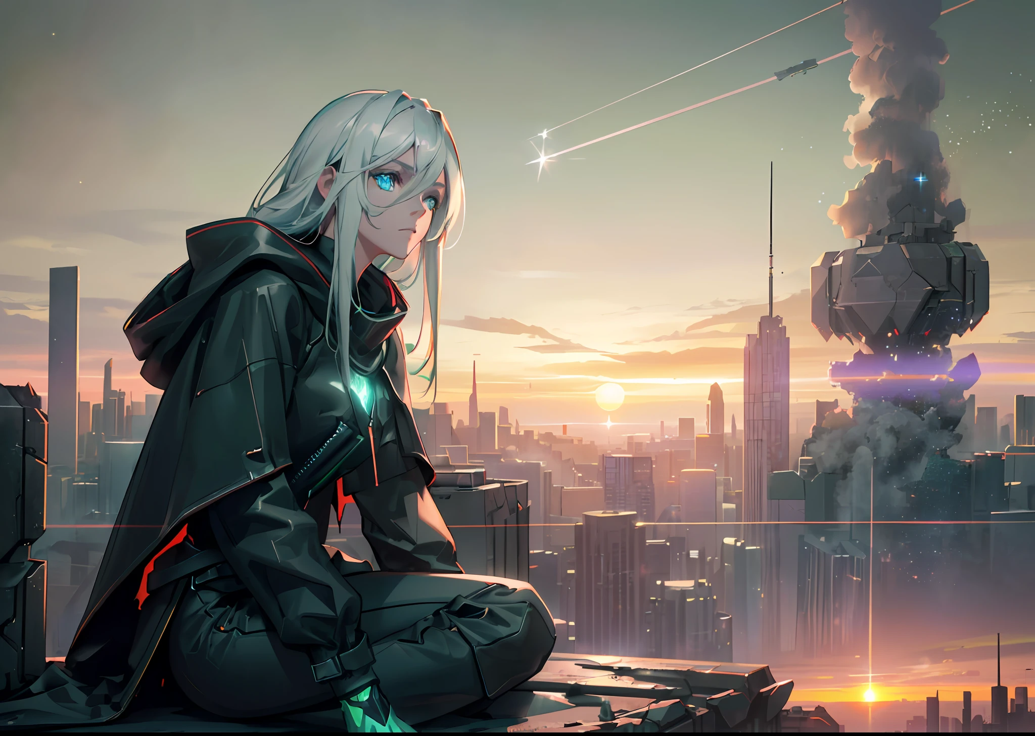Smoke, (war:1.5), postapocalypse, ((Planets in the sky, stars in thr sky)), ((Dark green sunset:1.3)), (Green sky:1.2), green light, The ruined backdrop of the city, ((spaceship in the sky)), science-fiction, (shapely body: 1.4), a 1girl, sitting on the rubble of a building, (Tired look:1.3), (Long white hair:1.4), (blue eyes), (Detailed eyes and face:1.3), Black pants, black big sweatshirt, hood, (Cyberpunk clothes), (clothes in black and white colors), black cloak, city   of the future, (calm face:1.3), Destroyed skyscrapers, Wire, HDR (High Dynamic Range), ray traced, NVIDIA RTX, Over-resolution, Unreal 5, sub-surface Scattering, текстурирование PBR, postprocessed, Anisotropic filtering, Depth of field, Maximum clarity and sharpness, Multi-layer Textures, Albedo and specular maps, Surface shading,  Accurate Light-Material Interaction Simulation, Octane rendering, duotone lighting, Low ISO, White balance, the rule of thirds, Wide aperture, 8K RAW, efficient sub-pixel, sub-pixel convolution, (luminescent particles: 1.4), {{tmasterpiece, beste-Qualit, extremely detailed CGI, Unity 8k壁纸, 3d, 电影灯光, lens flares}},