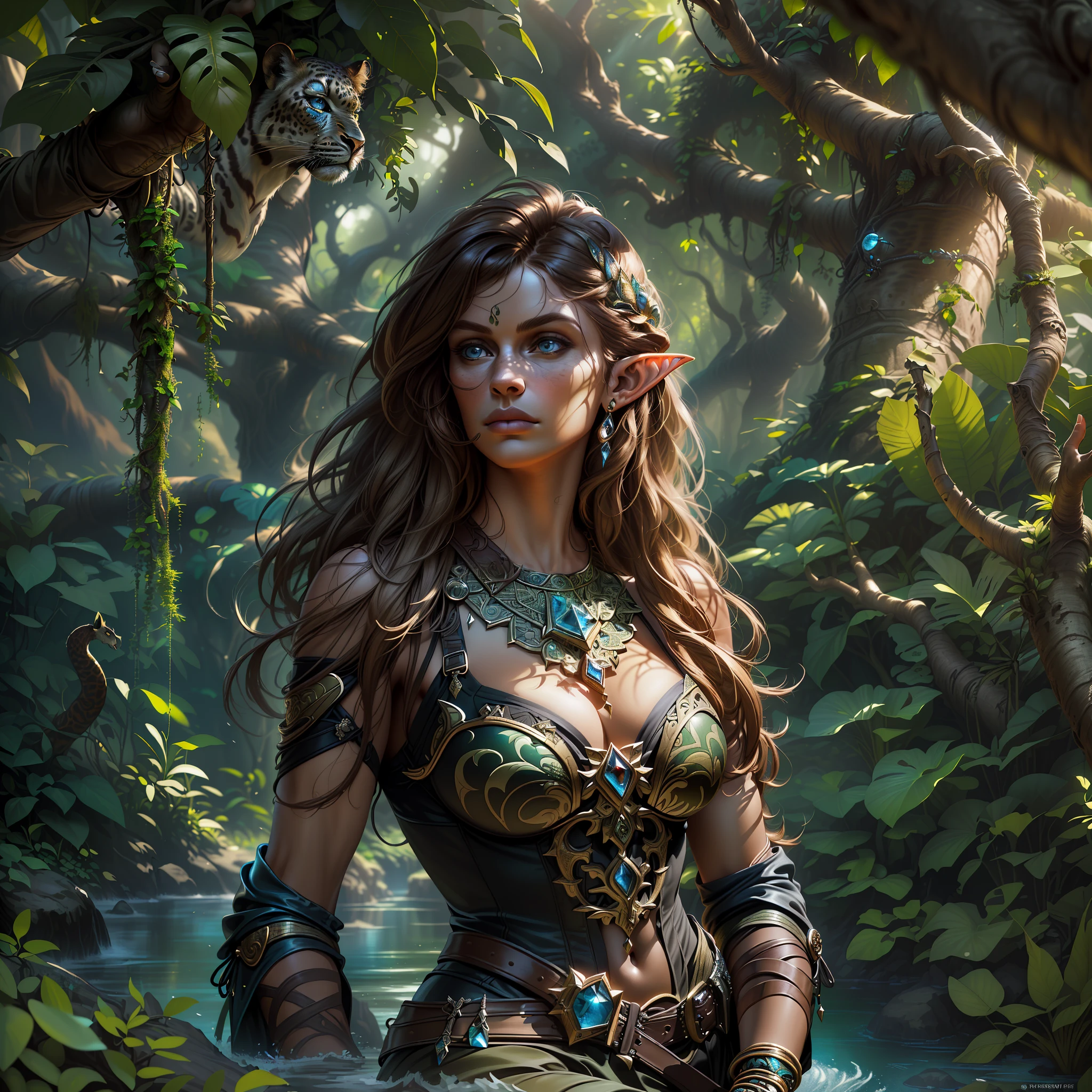 high details, best quality, 8k, [ultra detailed], masterpiece, best quality, (extremely detailed), dynamic angle, ultra wide shot, RAW, photorealistic, fantasy art, realistic art, a picture of a female elf druid  knelling (1.5 intricate details, Masterpiece, best quality) talking to a leopard (1.5 intricate details, Masterpiece, best quality) in a jungle (1.5 intricate details, Masterpiece, best quality),  a female elf wearing leather clothes (1.4 intricate details, Masterpiece, best quality), leather boots, thick hair, long hair, brown hair, intense blue eyes, vibrant jungle (intense details), many jungle trees (1.3 intricate details, Masterpiece, best quality), vines, a river flowing (1.4 intricate details, Masterpiece, best quality), sun light, dynamic light. dynamic angle, (1.4 intricate details, Masterpiece, best quality) 3D rendering, high details, best quality, highres, ultra wide angle