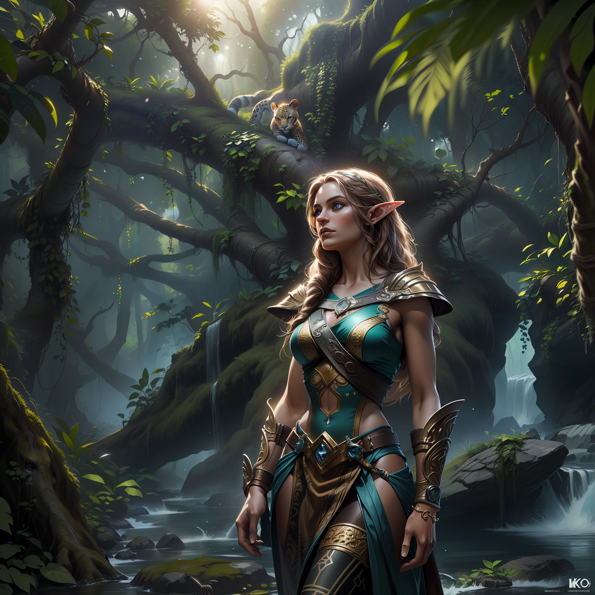 high details, best quality, 8k, [ultra detailed], masterpiece, best quality, (extremely detailed), dynamic angle, ultra wide shot, RAW, photorealistic, fantasy art, realistic art, a picture of a female elf druid  knelling (1.5 intricate details, Masterpiece, best quality) talking to a leopard (1.5 intricate details, Masterpiece, best quality) in a jungle (1.5 intricate details, Masterpiece, best quality),  a female elf wearing leather clothes (1.4 intricate details, Masterpiece, best quality), leather boots, thick hair, long hair, brown hair, intense blue eyes, vibrant jungle (intense details), many jungle trees (1.3 intricate details, Masterpiece, best quality), vines, a river flowing (1.4 intricate details, Masterpiece, best quality), sun light, dynamic light. dynamic angle, (1.4 intricate details, Masterpiece, best quality) 3D rendering, high details, best quality, highres, ultra wide angle