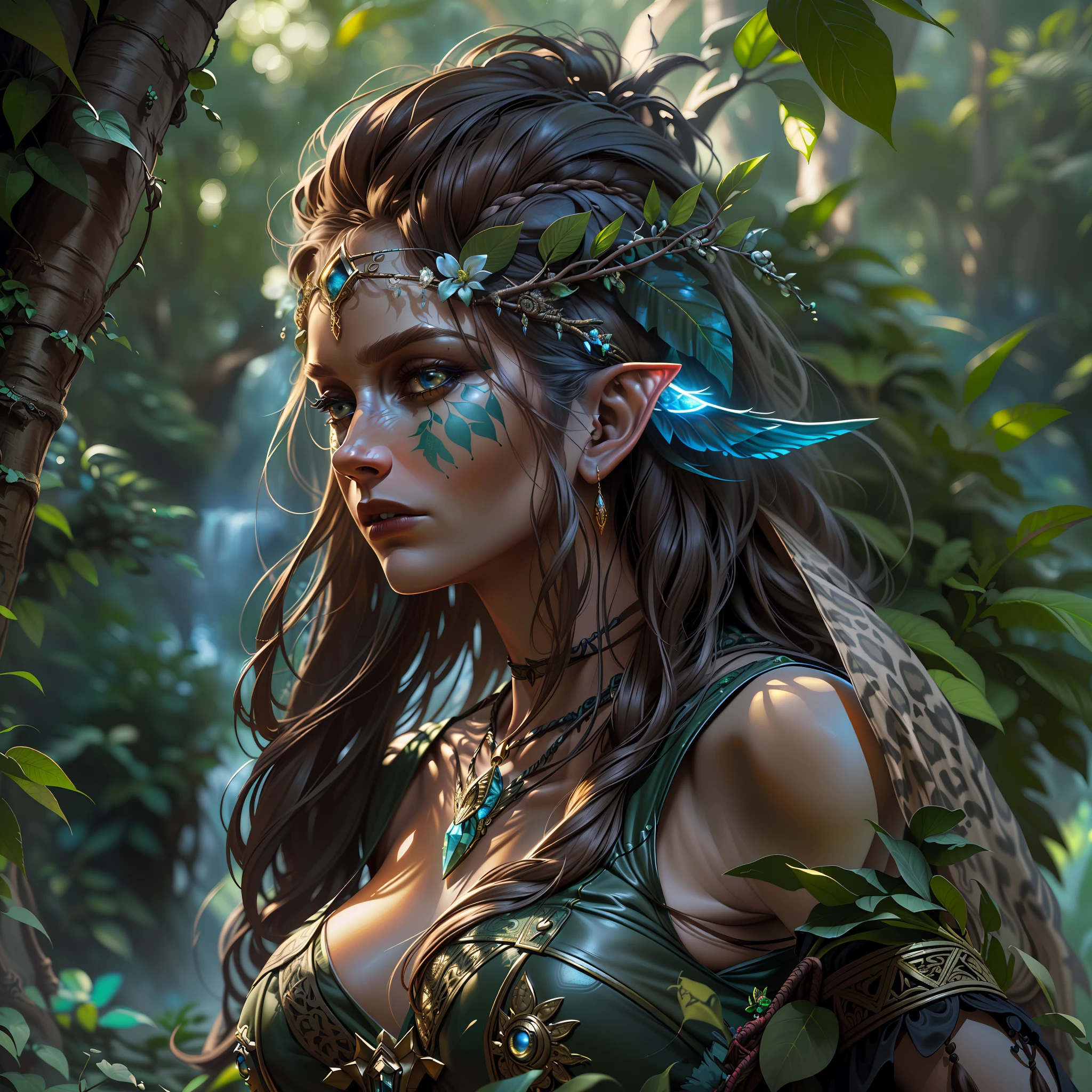 high details, best quality, 8k, [ultra detailed], masterpiece, best quality, (extremely detailed), dynamic angle, ultra wide shot, RAW, photorealistic, fantasy art, realistic art, a picture of a female elf druid  knelling (1.5 intricate details, Masterpiece, best quality) talking to a leopard (1.5 intricate details, Masterpiece, best quality) in a jungle (1.5 intricate details, Masterpiece, best quality),  a female elf wearing leather clothes (1.4 intricate details, Masterpiece, best quality), leather boots, thick hair, long hair, brown hair, intense blue eyes, vibrant jungle (intense details), many jungle trees (1.3 intricate details, Masterpiece, best quality), vines, a river flowing (1.4 intricate details, Masterpiece, best quality), sun light, dynamic light. dynamic angle, (1.4 intricate details, Masterpiece, best quality) 3D rendering, high details, best quality, highres, ultra wide angle