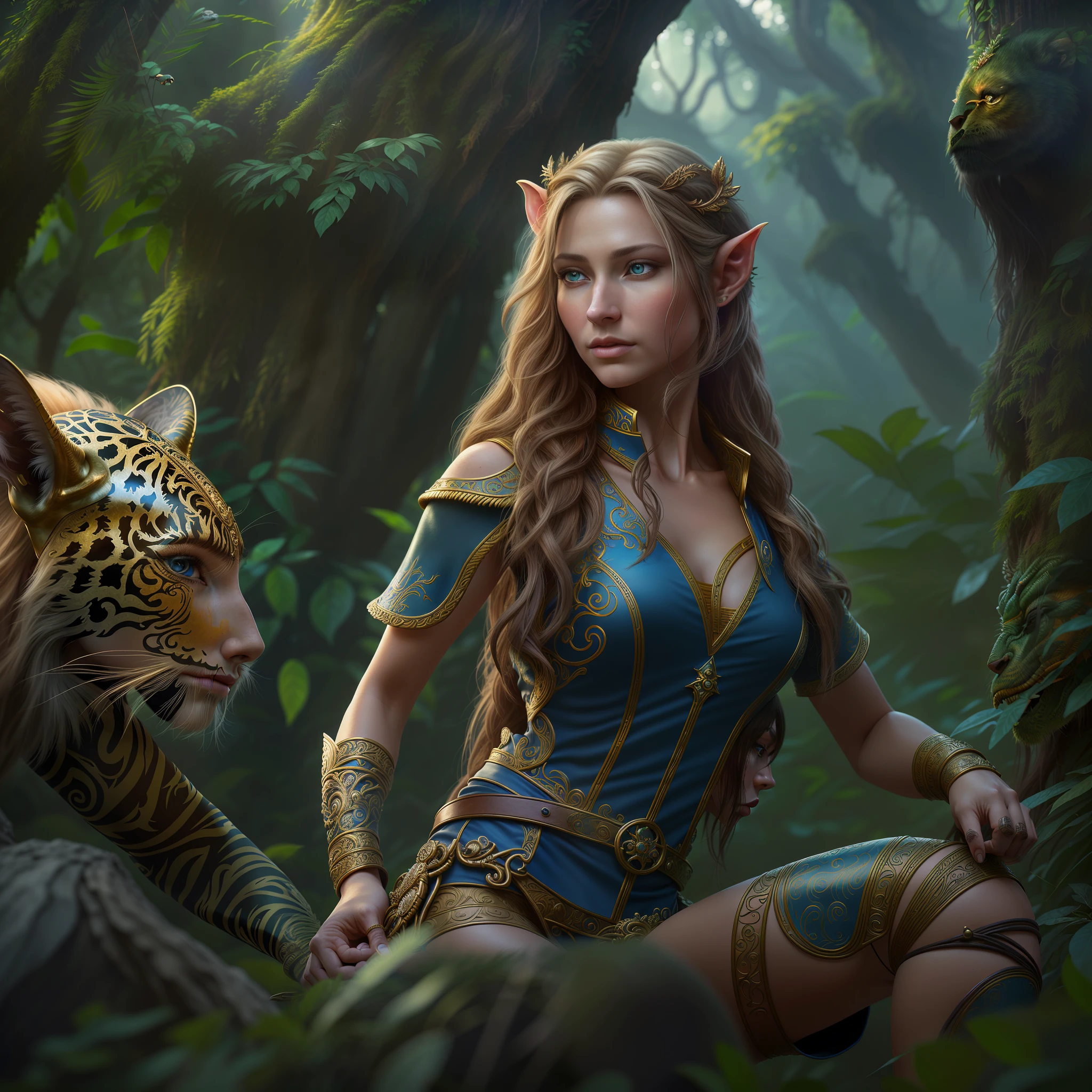 high details, best quality, 8k, [ultra detailed], masterpiece, best quality, (extremely detailed), dynamic angle, ultra wide shot, RAW, photorealistic, fantasy art, realistic art, a picture of a female elf druid  kneling (1.5 intricate details, Masterpiece, best quality) talking to a leopard (1.5 intricate details, Masterpiece, best quality) in a jungle (1.5 intricate details, Masterpiece, best quality),  a female elf wearing leather clothes (1.4 intricate details, Masterpiece, best quality), leather boots, thic hair, long hair, brown hair, intense blue eyes, vibrant jungle (intense details), many jungle trees (1.3 intricate details, Masterpiece, best quality), vines, a river flowing, sun light, dinamic light. dinamic angle, (1.4 intricate details, Masterpiece, best quality) 3D rendering, high details, best quality, highres, ultra wide angle