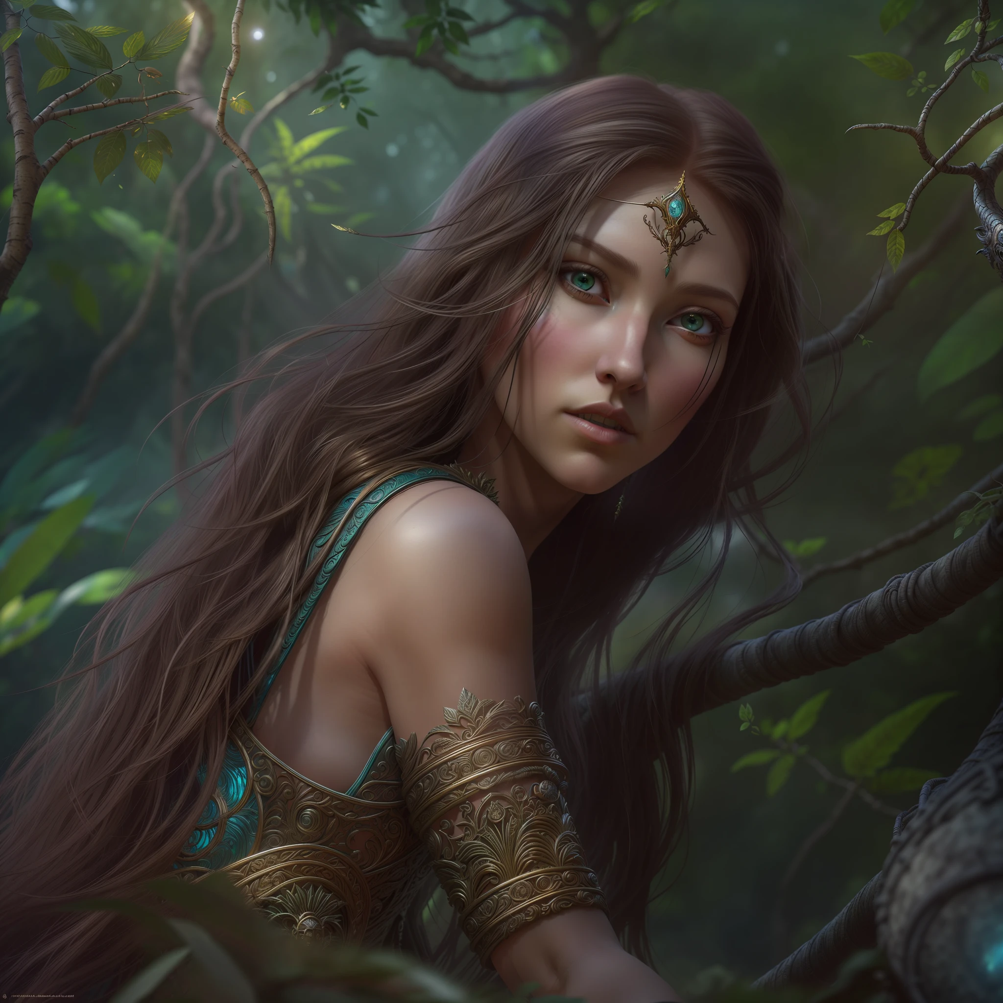 high details, best quality, 8k, [ultra detailed], masterpiece, best quality, (extremely detailed), dynamic angle, ultra wide shot, RAW, photorealistic, fantasy art, realistic art, a picture of a female elf druid  kneling (1.5 intricate details, Masterpiece, best quality) talking to a leopard (1.5 intricate details, Masterpiece, best quality) in a jungle (1.5 intricate details, Masterpiece, best quality),  a female elf wearing leather clothes (1.4 intricate details, Masterpiece, best quality), leather boots, thic hair, long hair, brown hair, intense blue eyes, vibrant jungle (intense details), many jungle trees (1.3 intricate details, Masterpiece, best quality), vines, a river flowing, sun light, dinamic light. dinamic angle, (1.4 intricate details, Masterpiece, best quality) 3D rendering, high details, best quality, highres, ultra wide angle