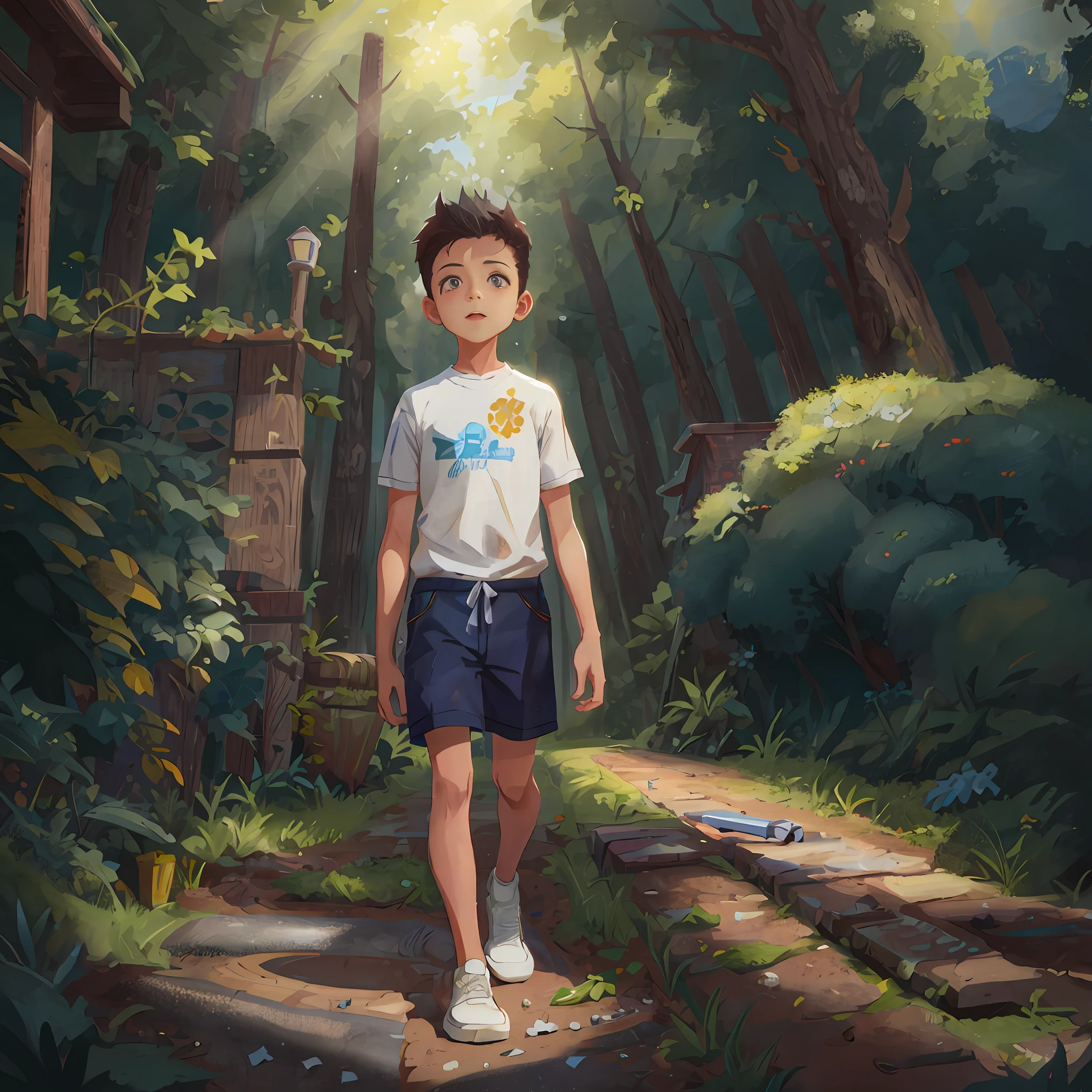 There is a boy walking down a path in the city, car marks on the ground, looking at the floor, pensativo, Looking for something on the ground, arte conceitual do menino solteiro, inspirado em Goro Fujita, Arte infantil em Artstation, anime exuberante john 8k madeiras, Arte no estilo de Guweiz, retrato de corpo inteiro de um curto!, Makoto Shinkai Cirilo Rolando, Cyril Rolando e Goro Fujita