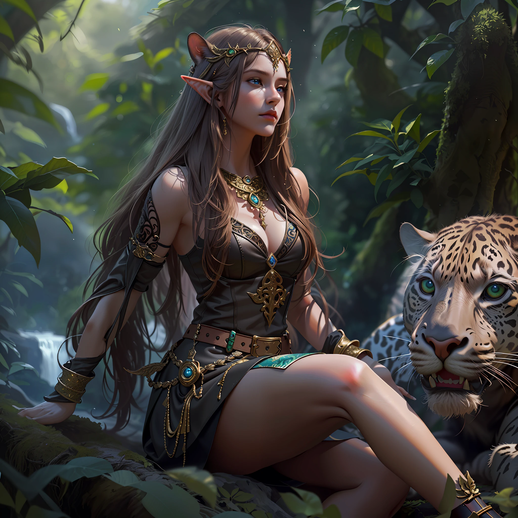 high details, best quality, 8k, [ultra detailed], masterpiece, best quality, (extremely detailed), dynamic angle, ultra wide shot, RAW, photorealistic, fantasy art, realistic art, a picture of a female elf druid  kneling (1.5 intricate details, Masterpiece, best quality) talking to a leopard (1.5 intricate details, Masterpiece, best quality) in a jungle (1.5 intricate details, Masterpiece, best quality),  a female elf wearing leather clothes (1.4 intricate details, Masterpiece, best quality), leather boots, thic hair, long hair, brown hair, intense blue eyes, vibrant jungle (intense details), many jungle trees (1.3 intricate details, Masterpiece, best quality), vines, a river flowing, sun light, dinamic light. dinamic angle, (1.4 intricate details, Masterpiece, best quality) 3D rendering, high details, best quality, highres, ultra wide angle