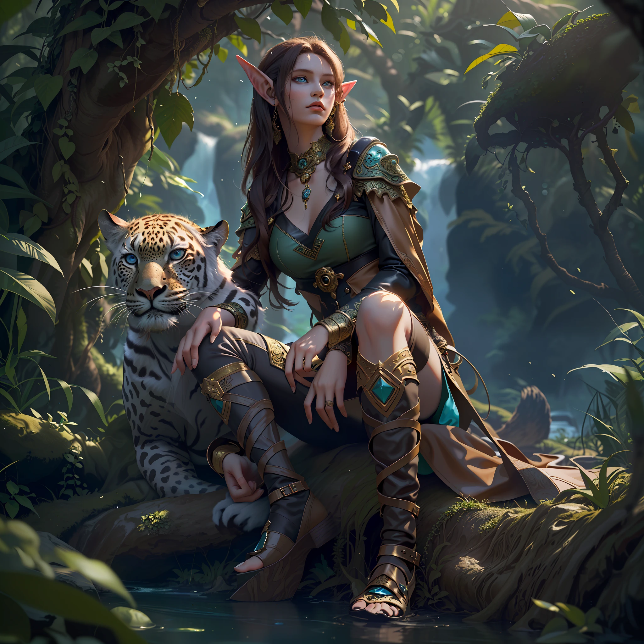 high details, best quality, 8k, [ultra detailed], masterpiece, best quality, (extremely detailed), dynamic angle, ultra wide shot, RAW, photorealistic, fantasy art, realistic art, a picture of a female elf druid  kneling (1.5 intricate details, Masterpiece, best quality) talking to a leopard (1.5 intricate details, Masterpiece, best quality) in a jungle (1.5 intricate details, Masterpiece, best quality),  a female elf wearing leather clothes (1.4 intricate details, Masterpiece, best quality), leather boots, thic hair, long hair, brown hair, intense blue eyes, vibrant jungle (intense details), many jungle trees (1.3 intricate details, Masterpiece, best quality), vines, a river flowing, sun light, dinamic light. dinamic angle, (1.4 intricate details, Masterpiece, best quality) 3D rendering, high details, best quality, highres, ultra wide angle