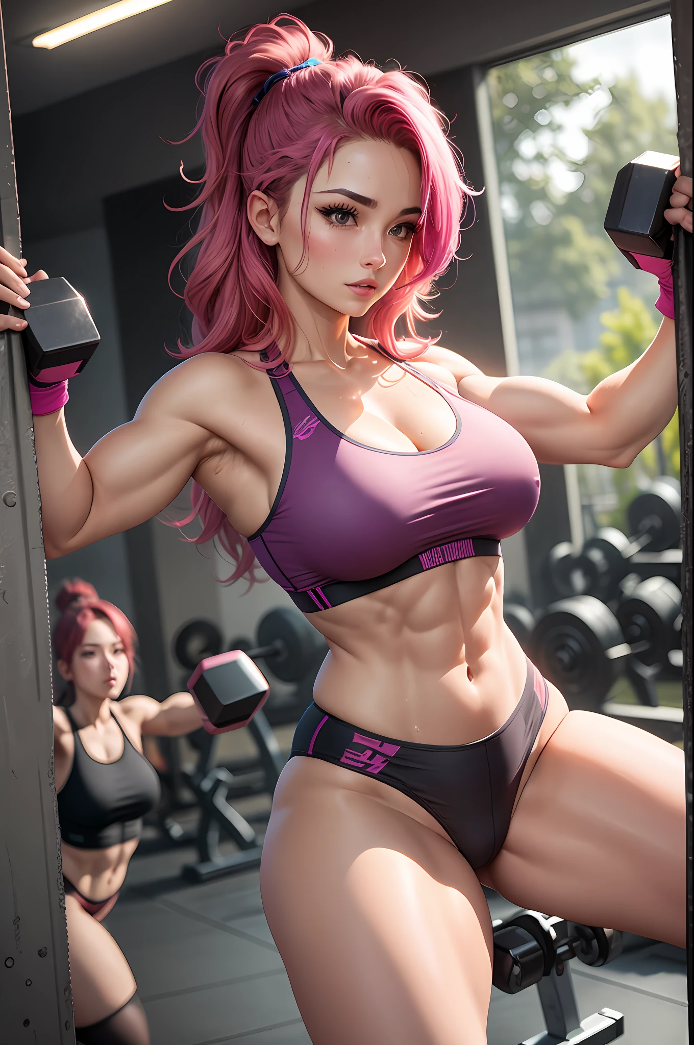 2 energetic girls with athletic physique, tight sport bra and tight sport thong and vibrant hair colors, engage in an intense workout, their bodies glistening with sweat, adorned with semi-transparent fabric that accentuates their curves and ample bosoms, confidently striking poses.