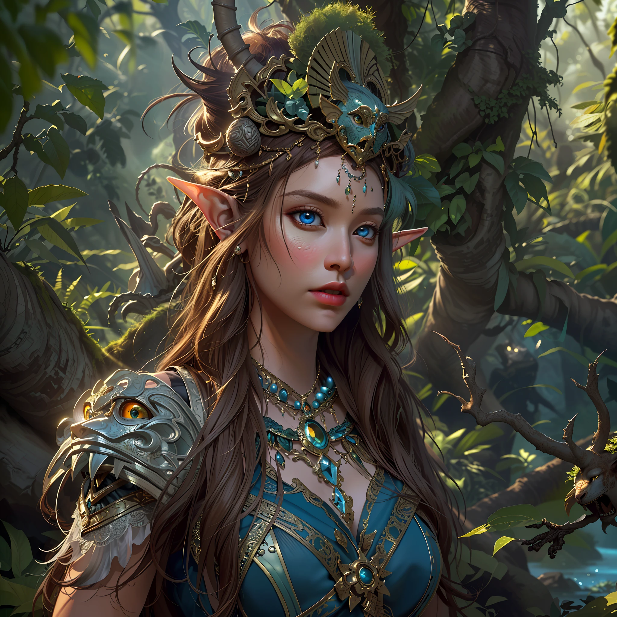 high details, best quality, 8k, [ultra detailed], masterpiece, best quality, (extremely detailed), dynamic angle, ultra wide shot, RAW, photorealistic, fantasy art, realistic art, a picture of a female elf druid  kneling (1.5 intricate details, Masterpiece, best quality) talking to a leopard (1.5 intricate details, Masterpiece, best quality) in a jungle (1.5 intricate details, Masterpiece, best quality),  a female elf wearing leather clothes (1.4 intricate details, Masterpiece, best quality), leather boots, thic hair, long hair, brown hair, intense blue eyes, vibrant jungle (intense details), many jungle trees (1.3 intricate details, Masterpiece, best quality), vines, a river flowing, sun light, dinamic light. dinamic angle, (1.4 intricate details, Masterpiece, best quality) 3D rendering, high details, best quality, highres, ultra wide angle