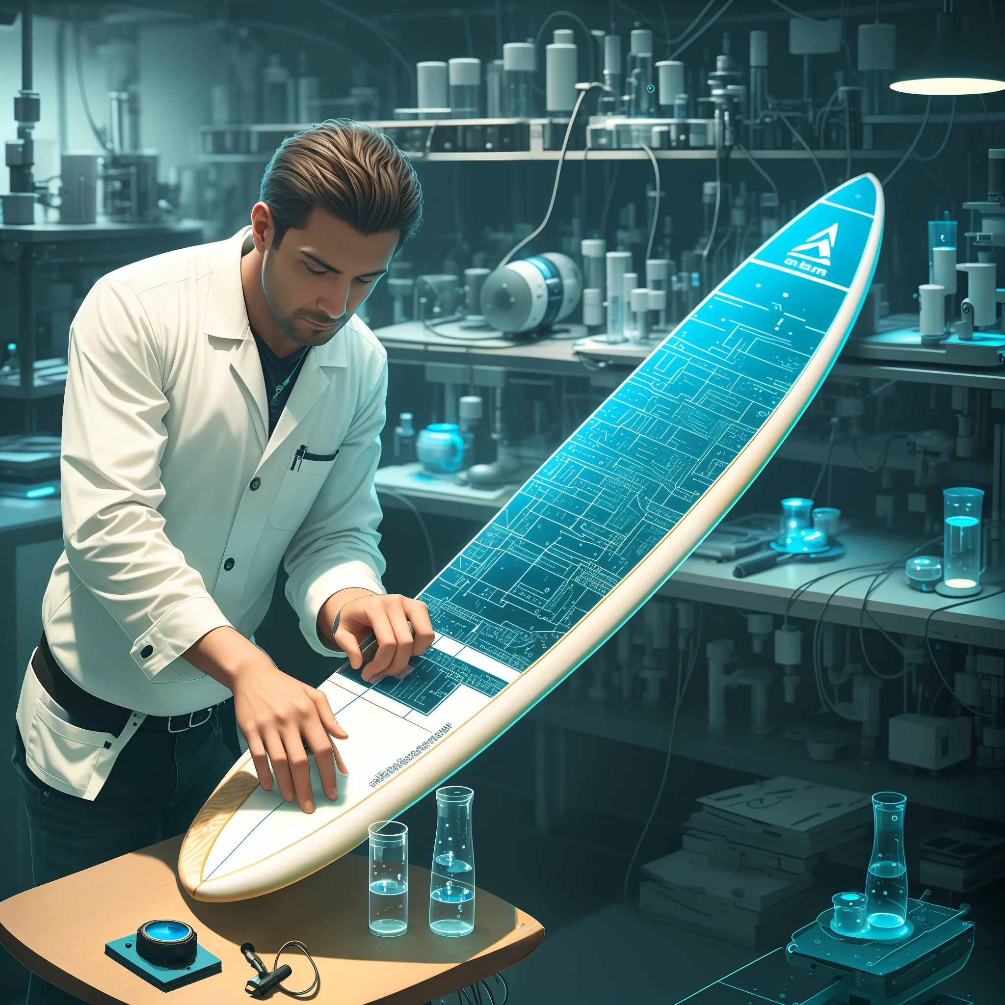 A surfboard being built by a scientist with high-tech instruments in a futuristic laboratory