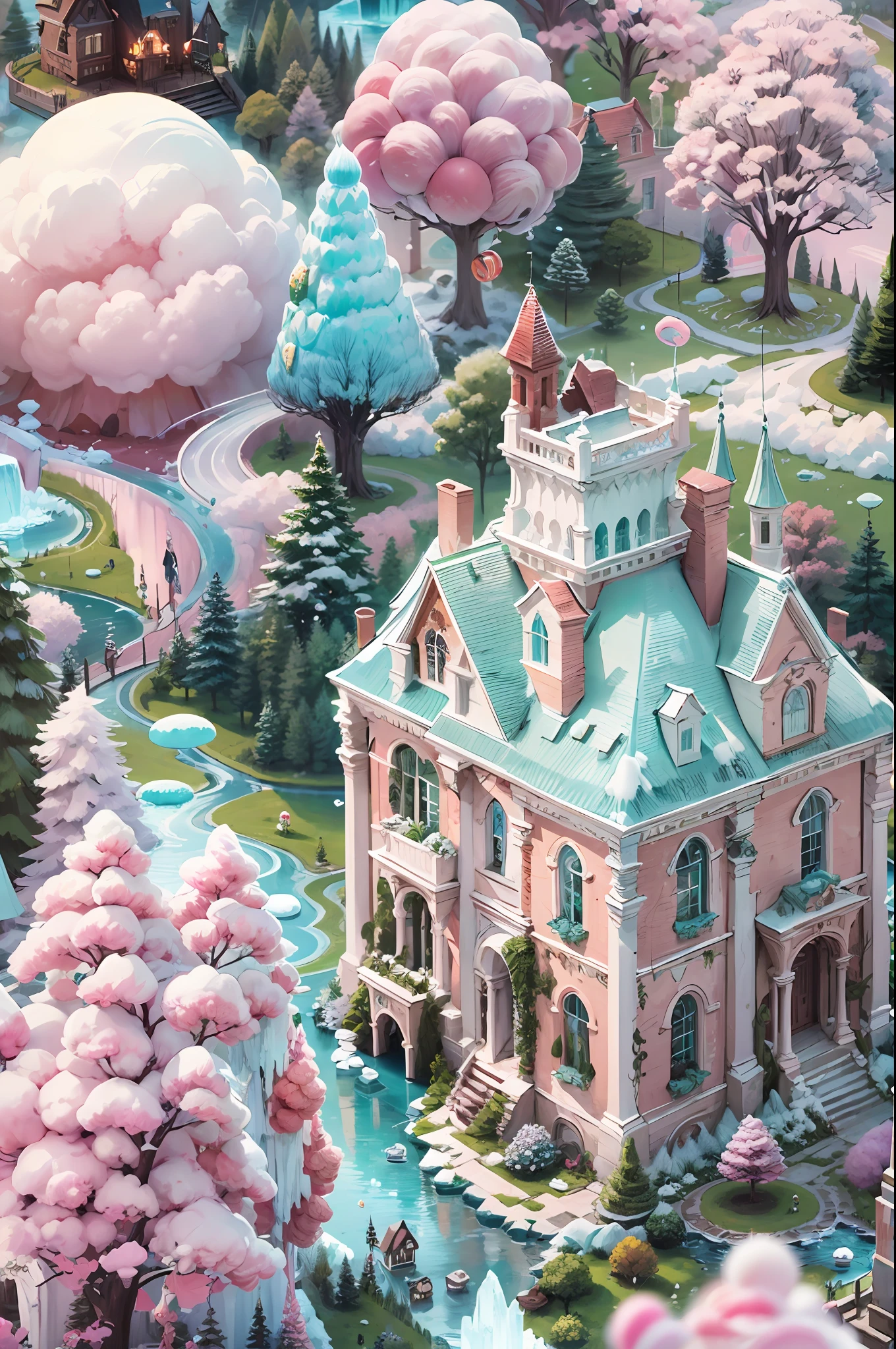 A frozen Haunted Mansion made entirely of ice cream in a land of cotton candy clouds and lollipop trees